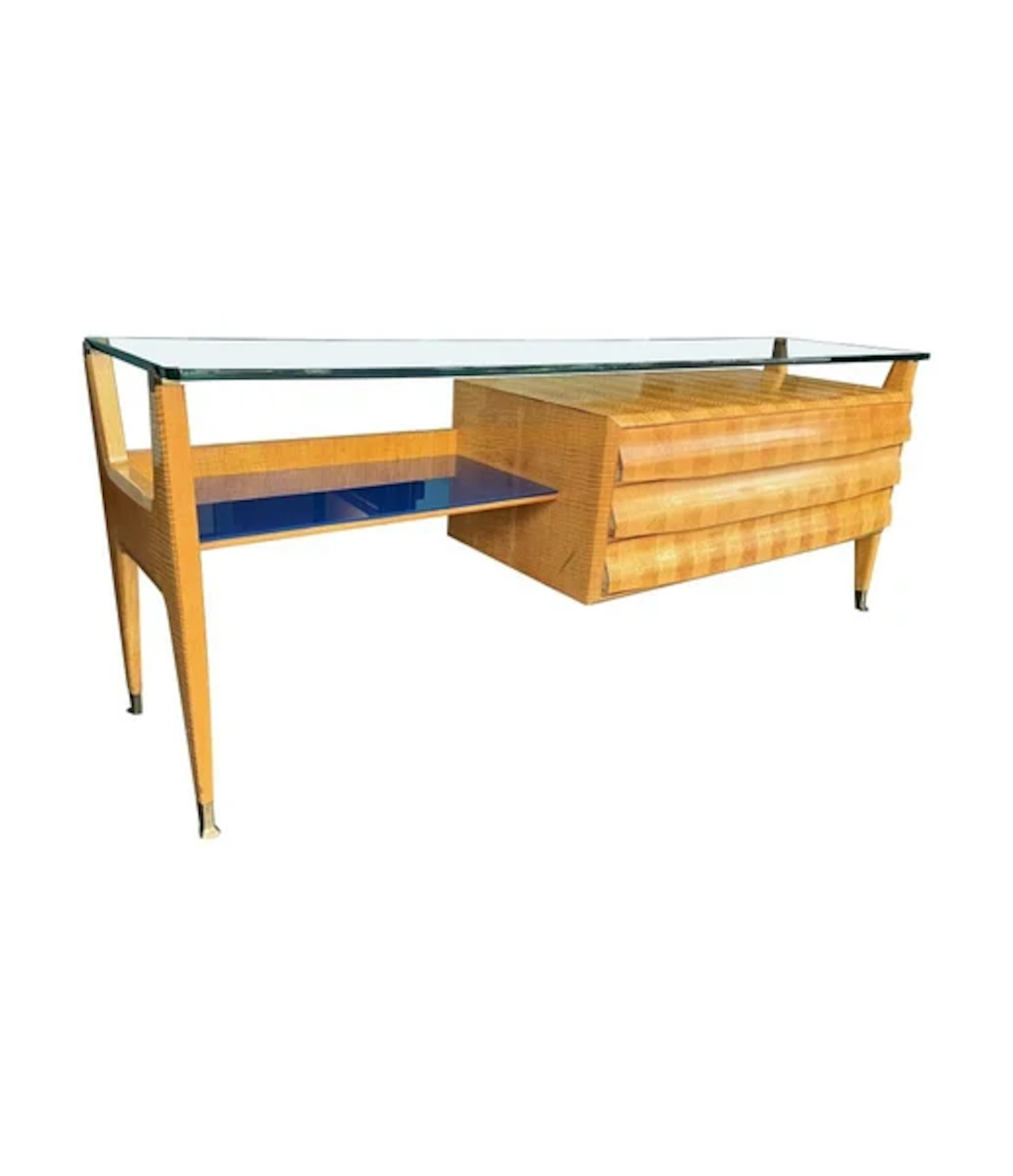 A wonderful 1950s marquetry birds-eye maplewood console dresser desk
