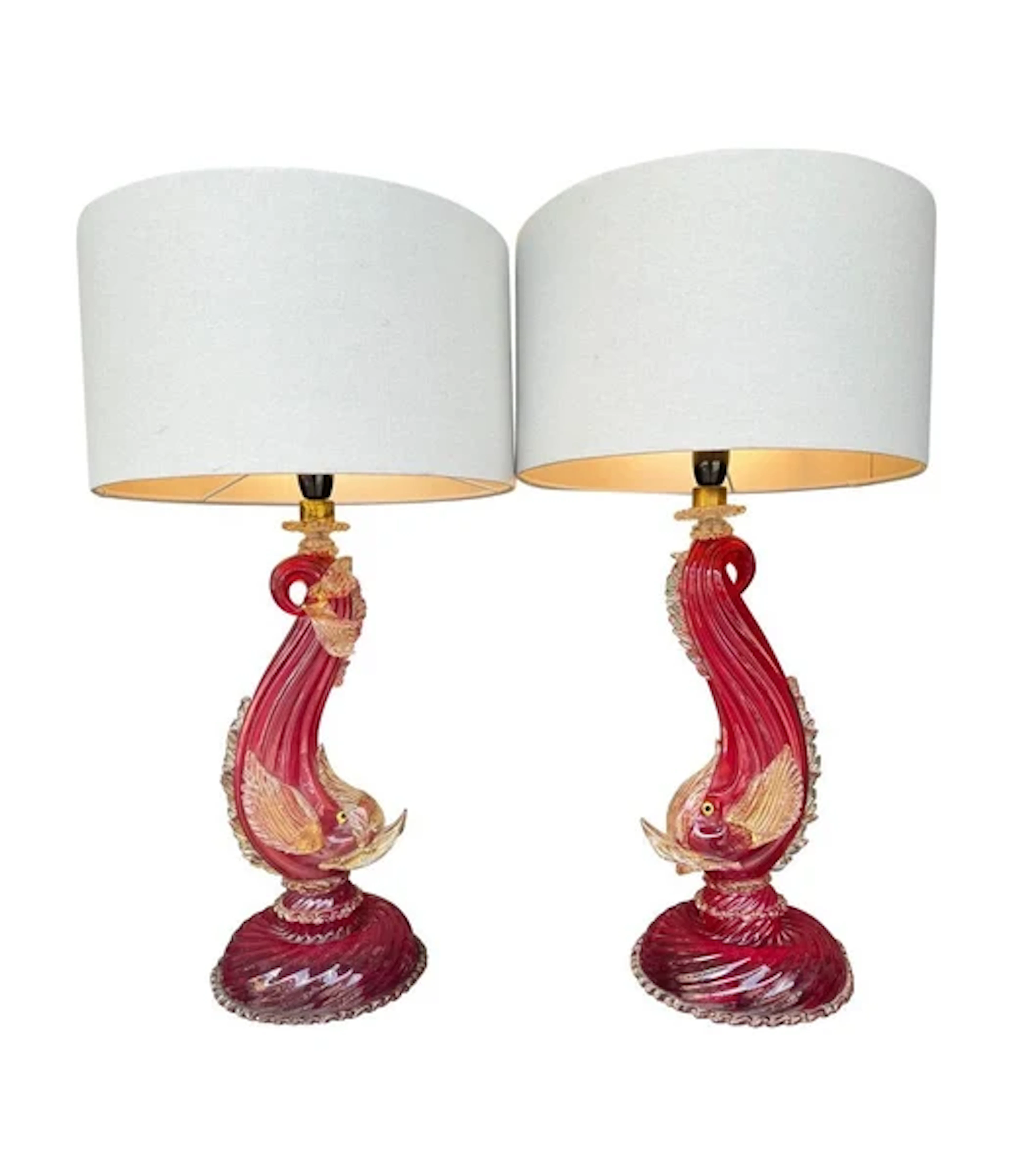 A wonderful pair of 1940s red Murano dolphin lamps by Barovier & Toso