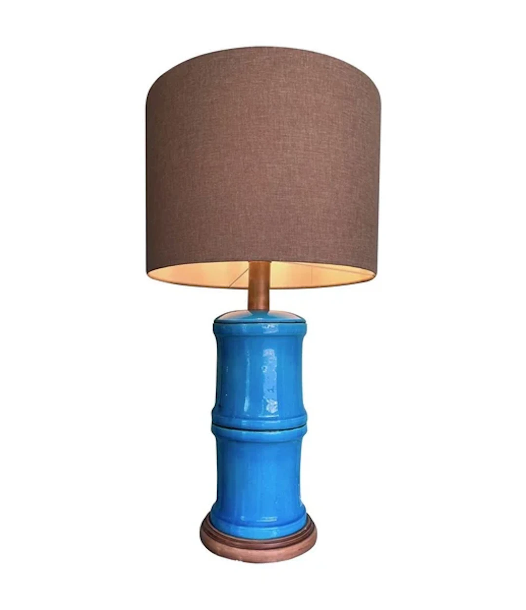 A 1970s large Italian faux bamboo ceramic blue lamp with brass fittings