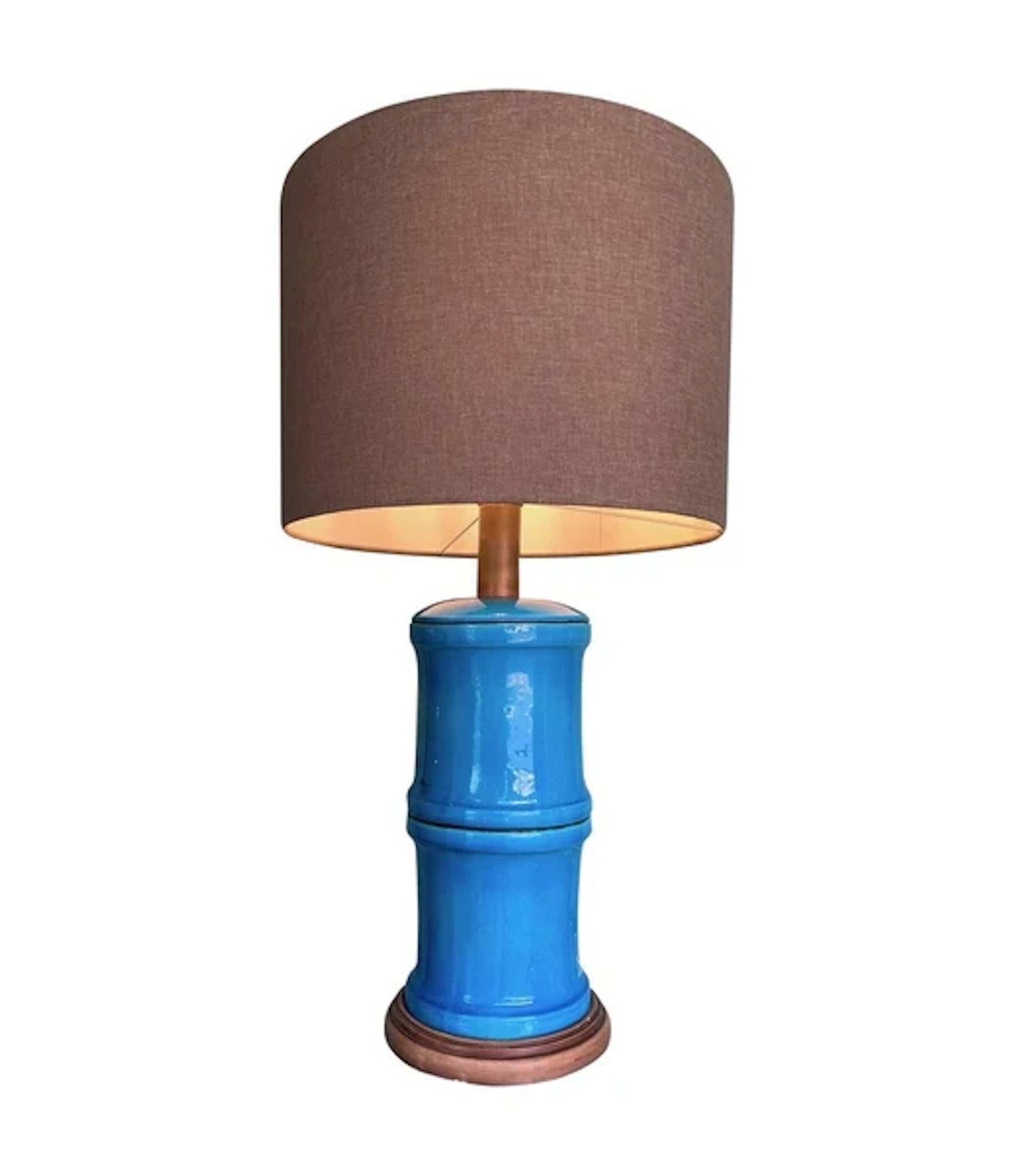 A 1970s large Italian faux bamboo ceramic blue lamp with brass fittings