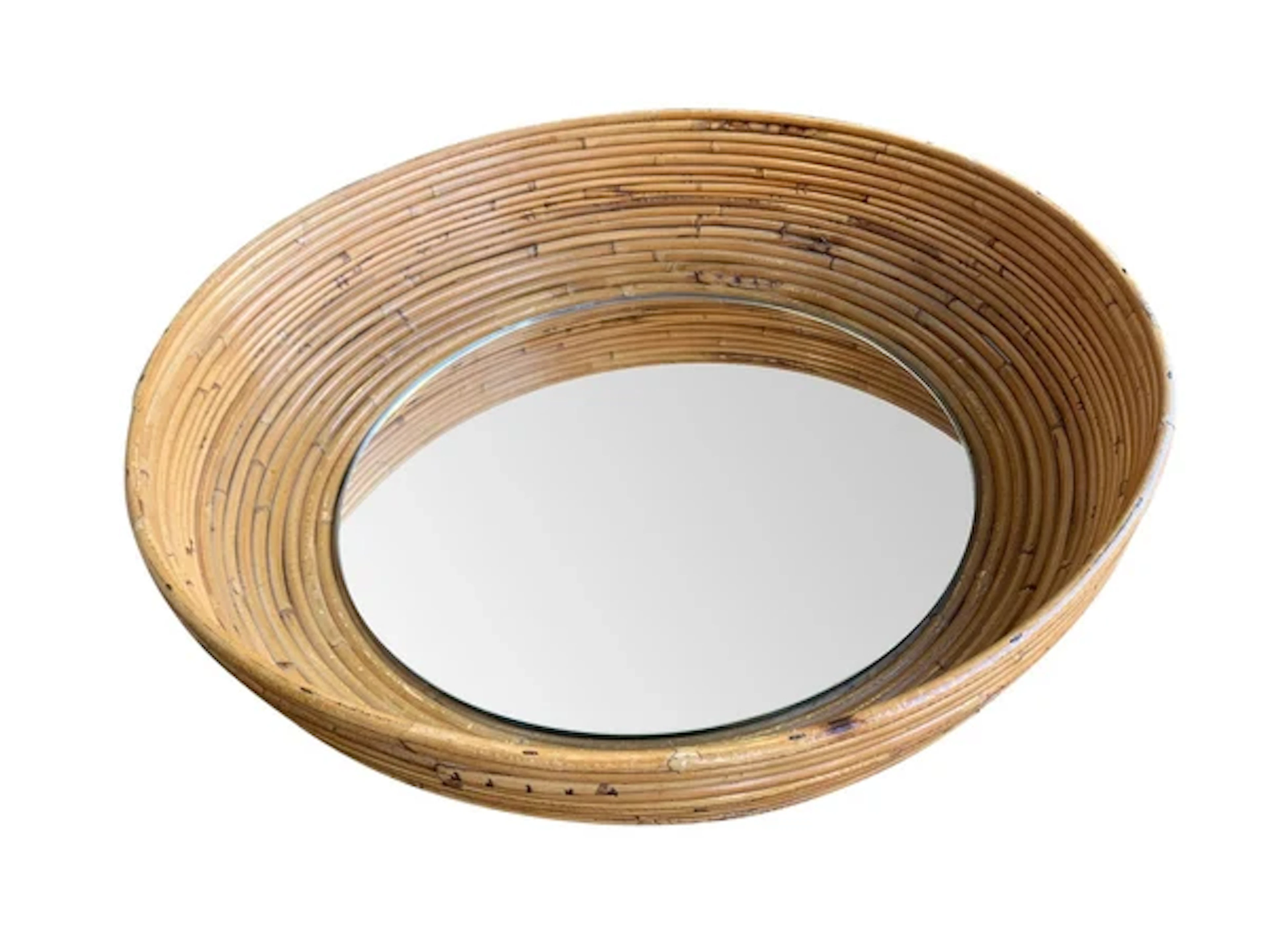 An Italian 1970s Circular Pencil Reed Bamboo Mirror