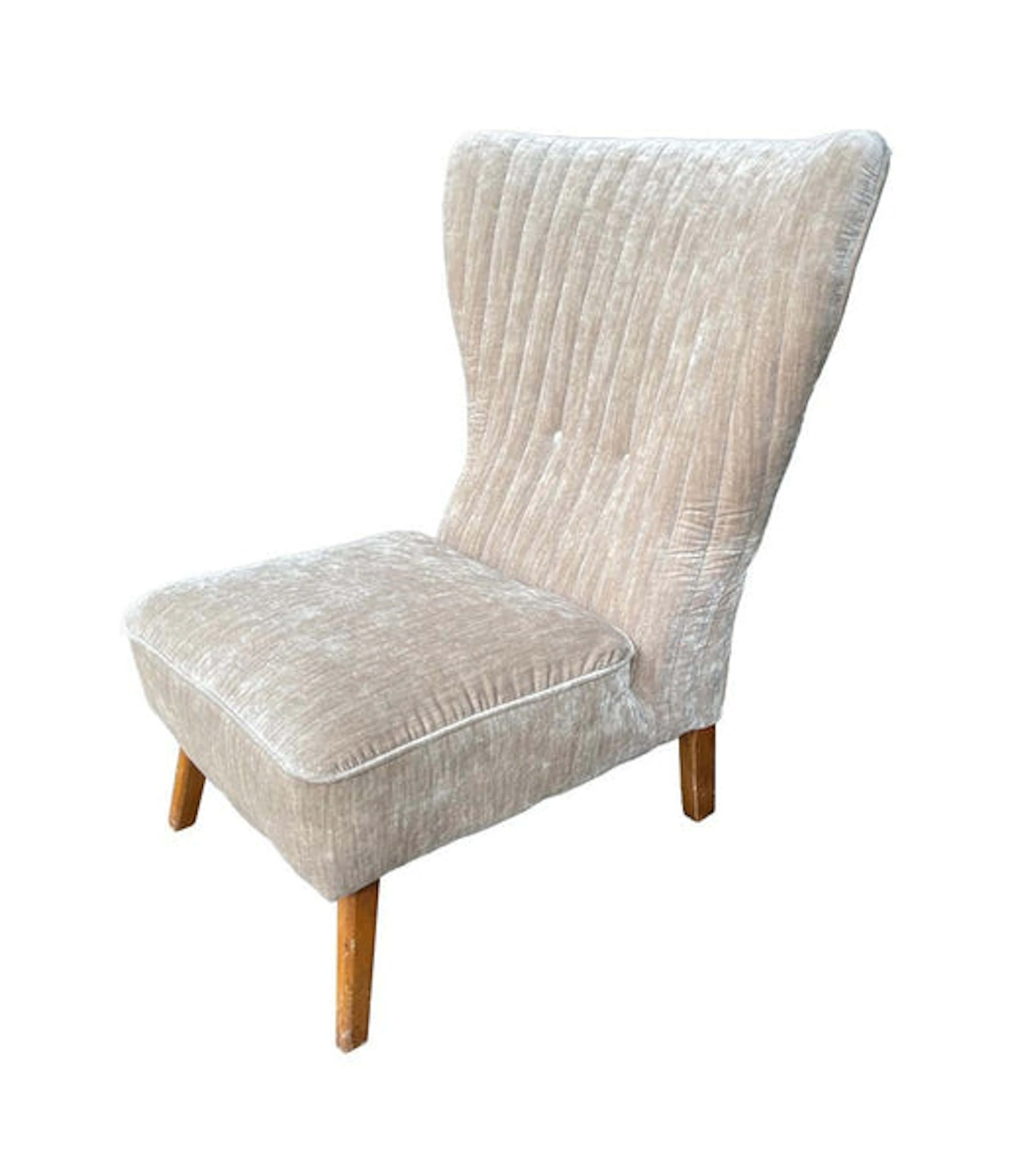 An Italian 1950s cocktail slipper chair upholstered in mushroom velvet.