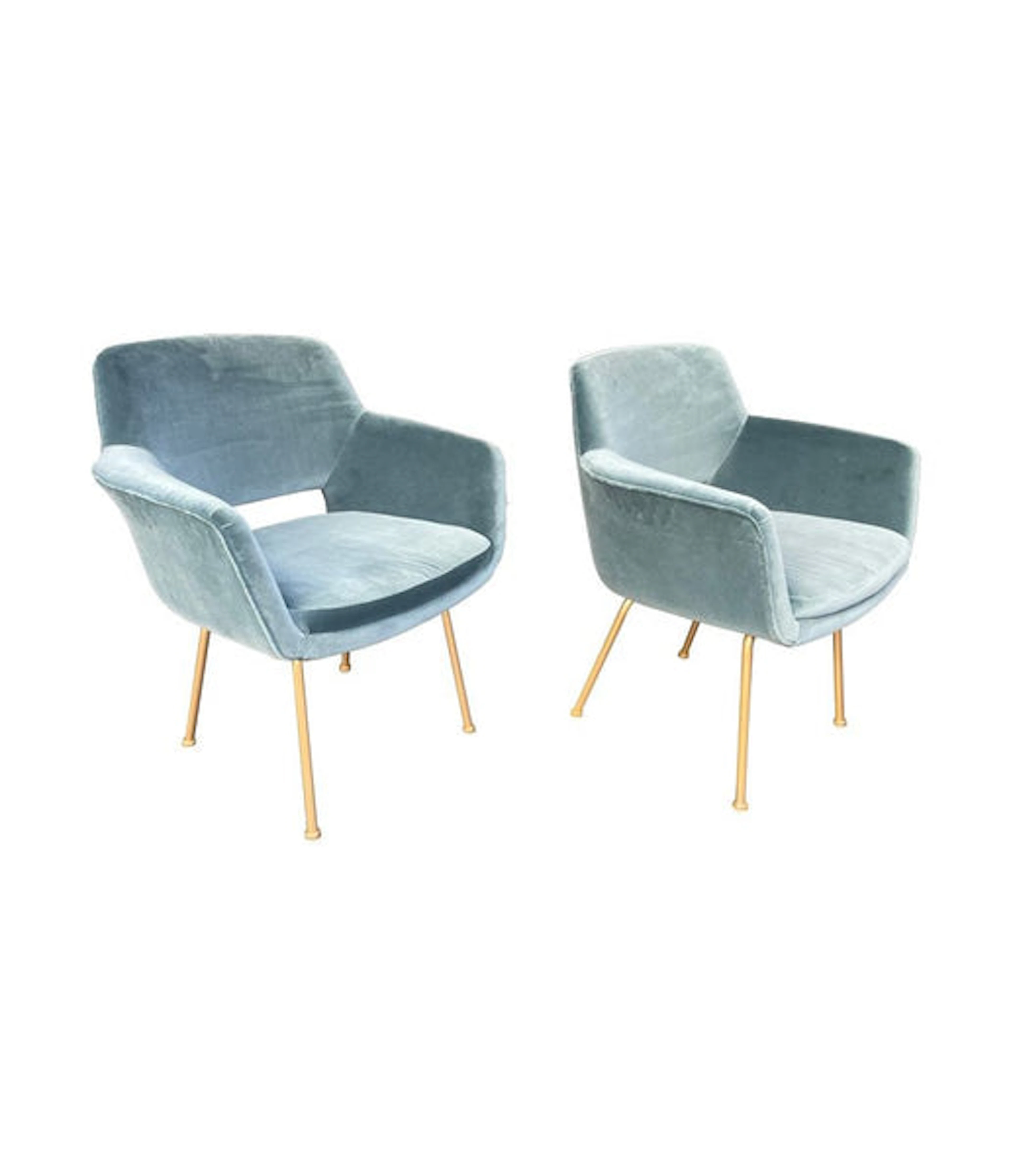 A pair of Italian 1970s chairs with gilt metal legs in blue velvet fabric