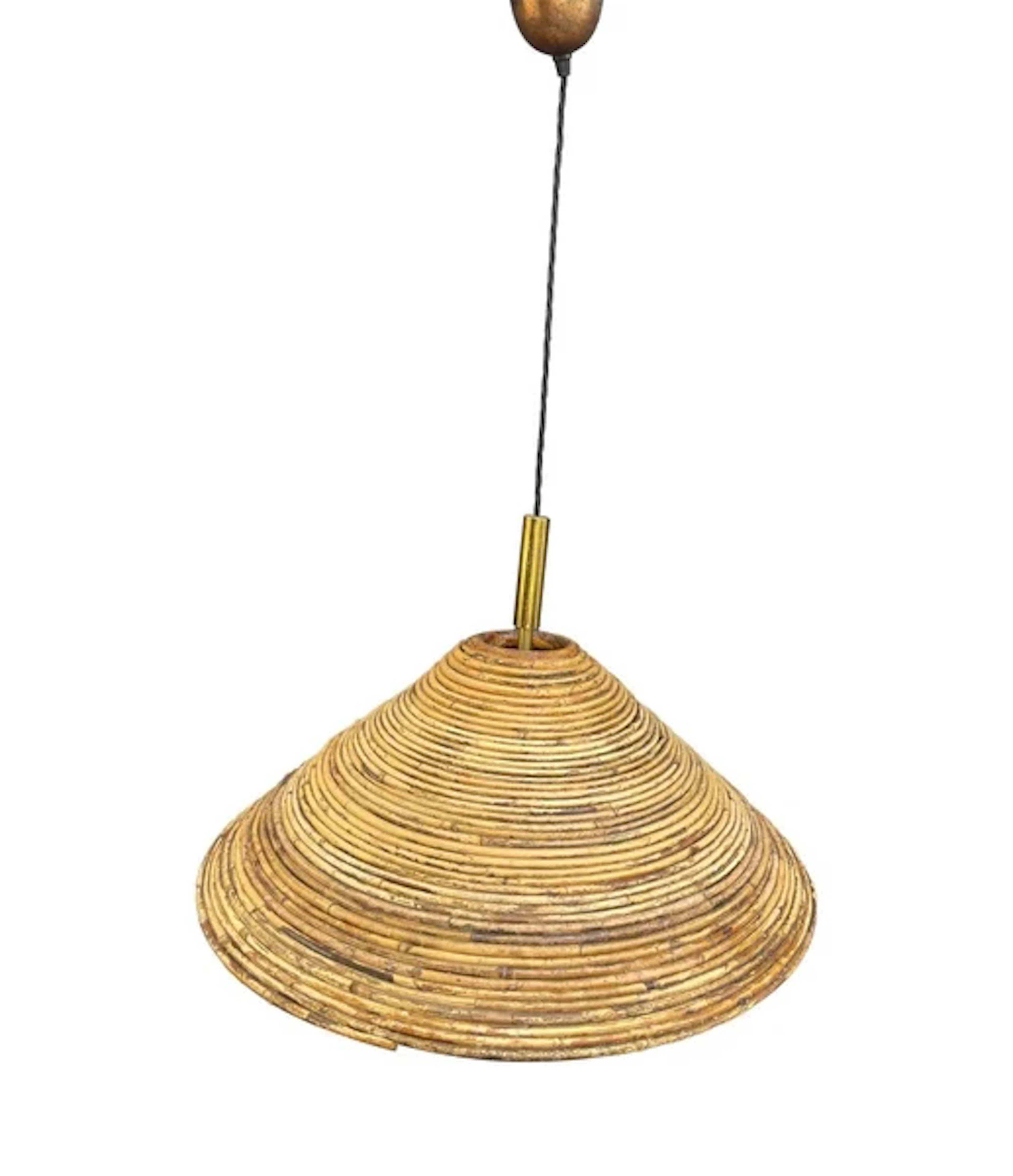 An Italian 1970s pencil reed bamboo and brass ceiling light