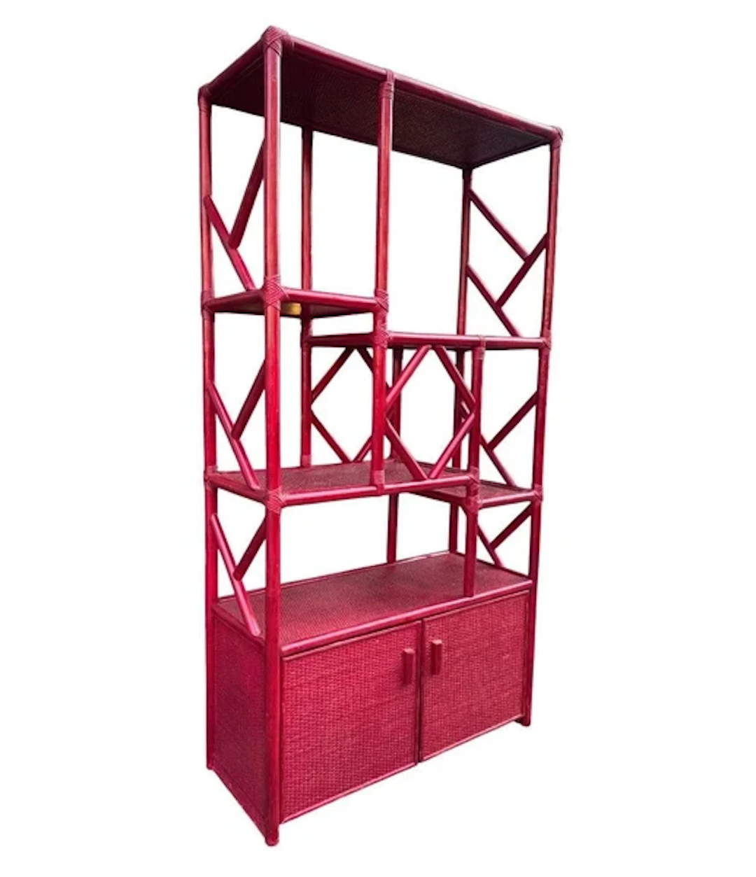 An Italian 1970s burgundy red bamboo shelving unit by Vivai del Sud