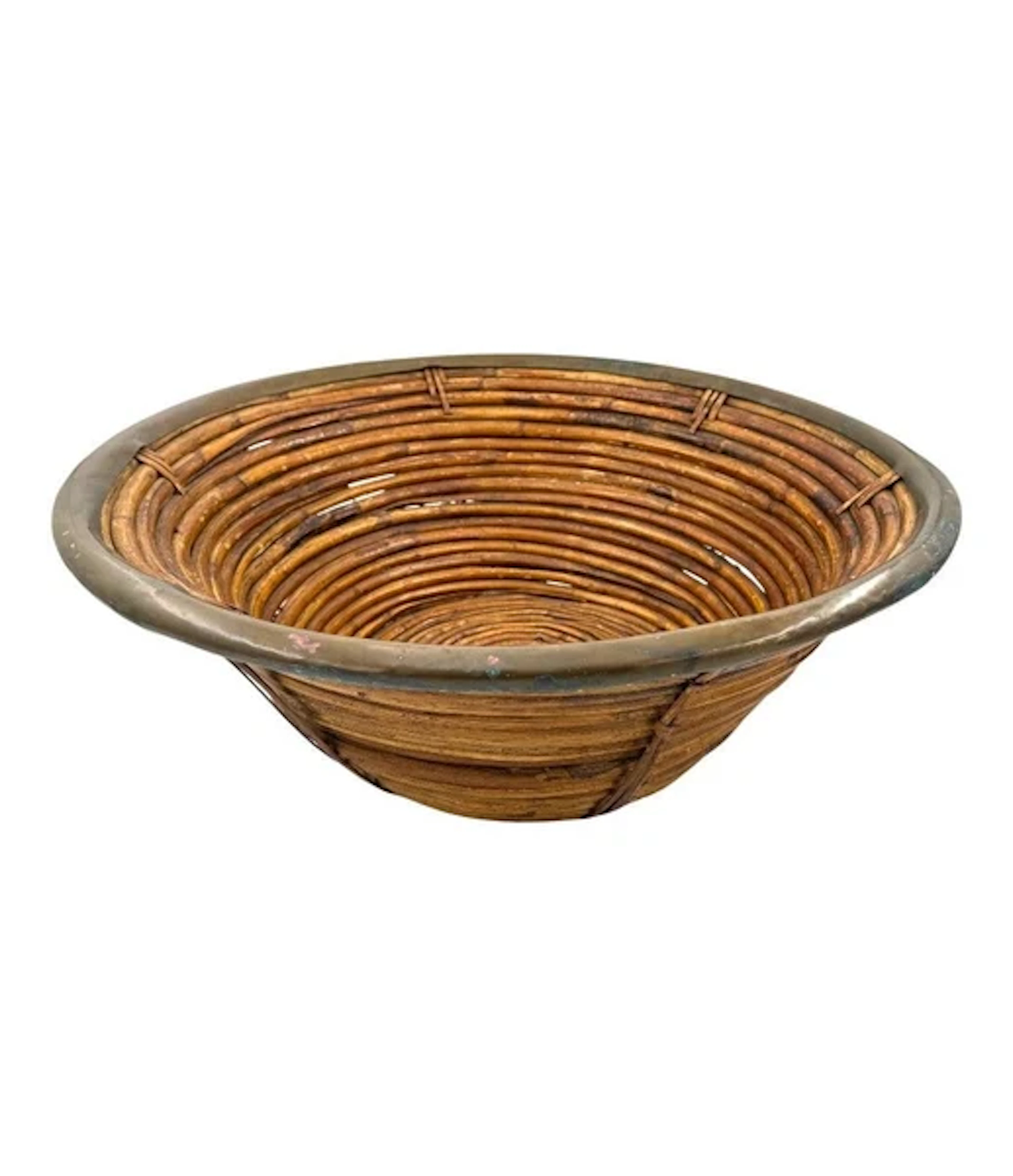 A large Italian 1970s woven bamboo bowl with brass rim