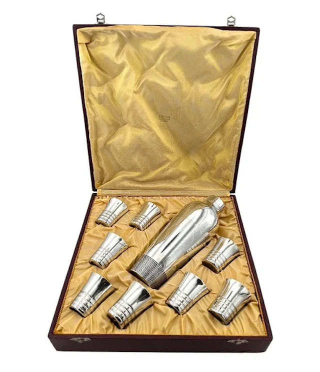 A 1930s Silver plated Art deco cocktail set with silver plated cocktail