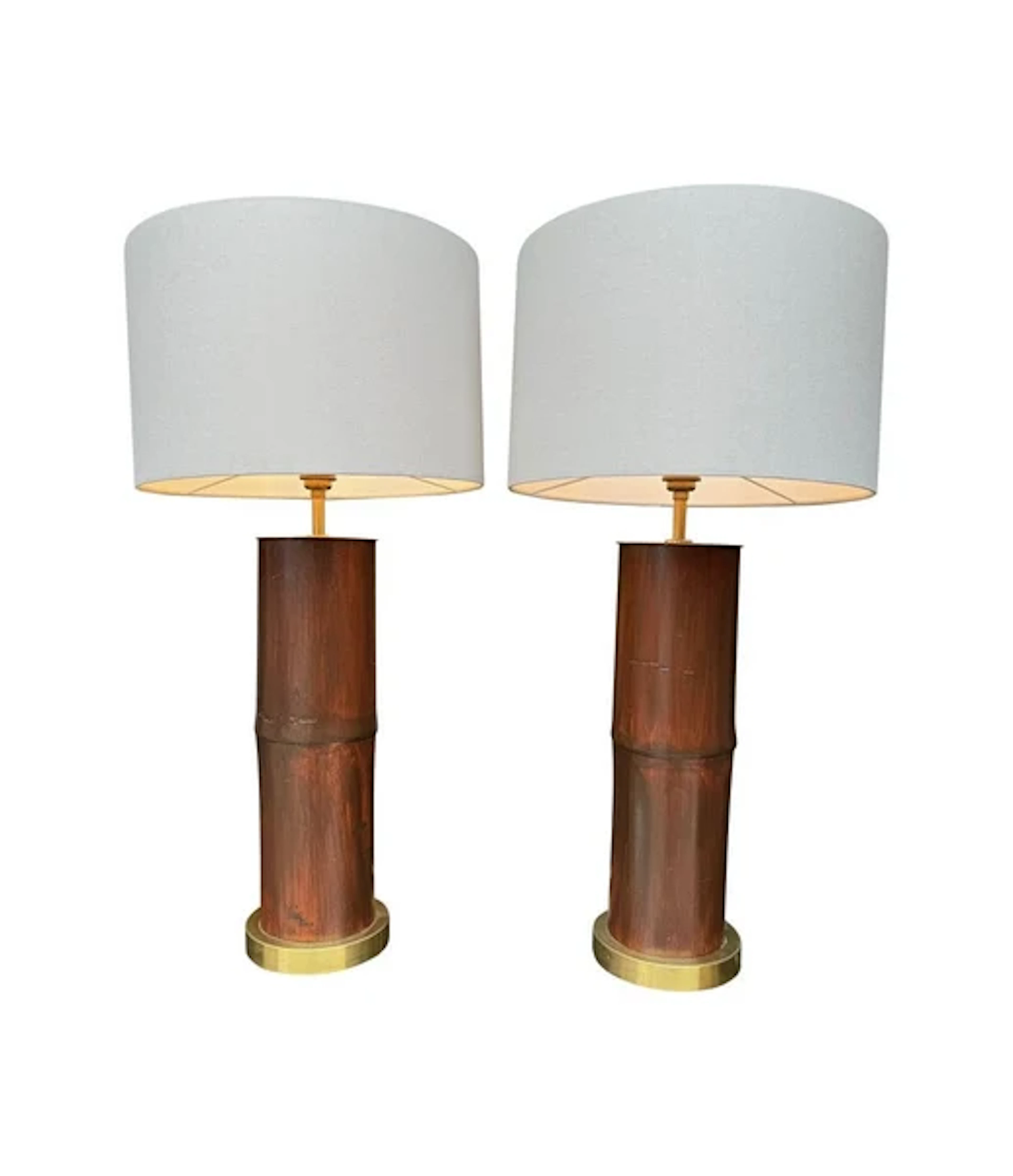 A pair of ivory lacquered real bamboo and brass lamps with bespoke linen shades