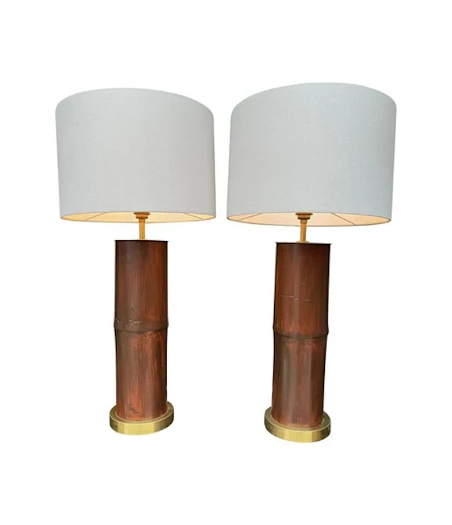 A pair of ivory lacquered real bamboo and brass lamps with bespoke linen shades