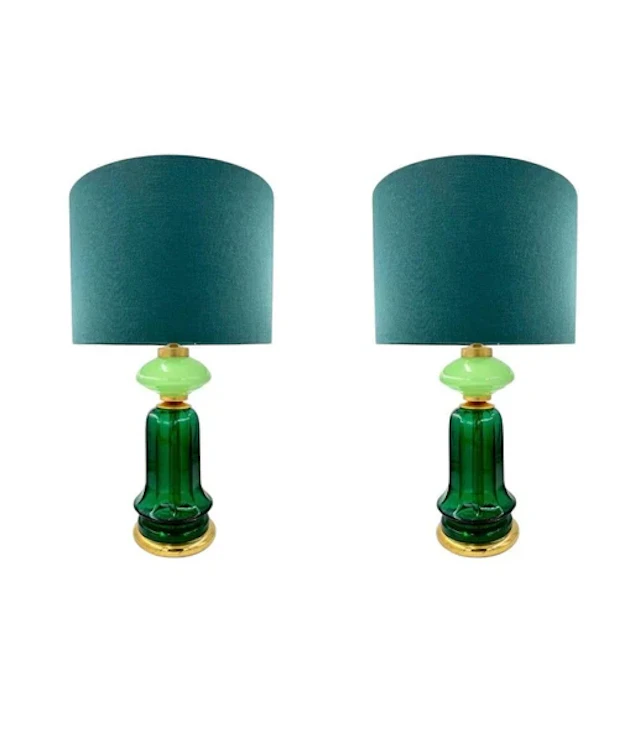A pair of large large dark and light green Murano opaline lamps by Cenedese