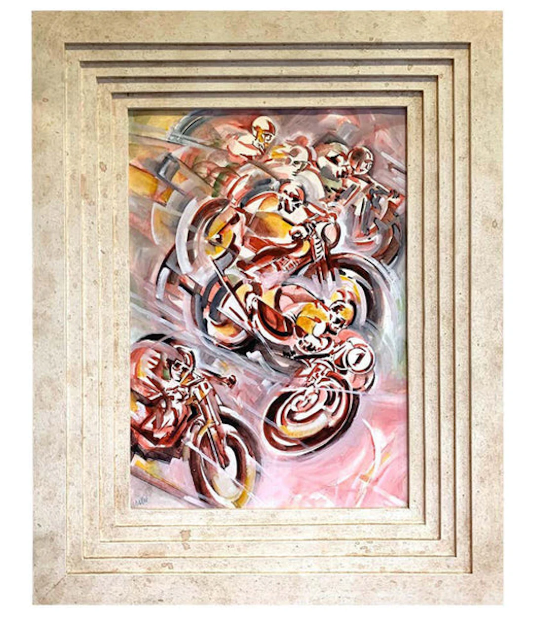 A 1930s futurist watercolour painting of a motorbike race by Italian