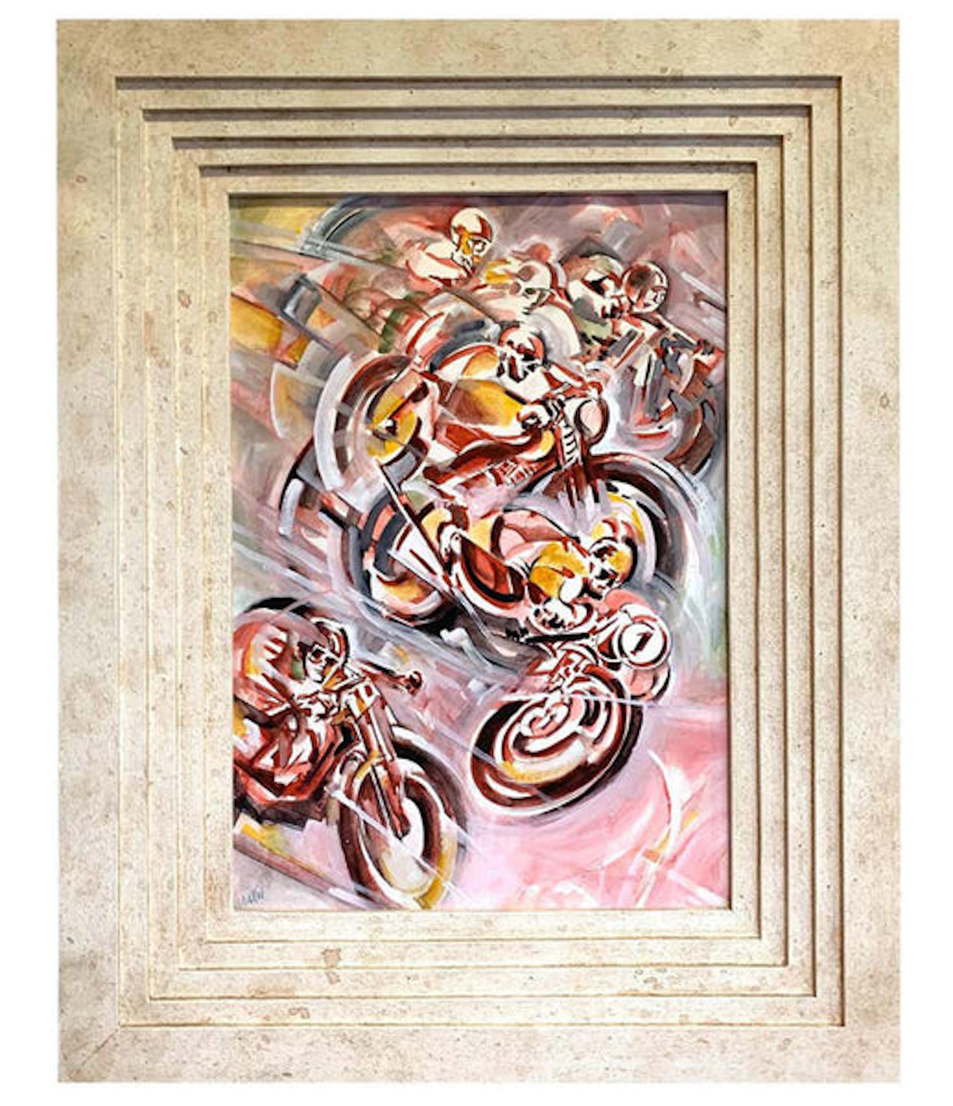 A 1930s futurist watercolour painting of a motorbike race by Italian