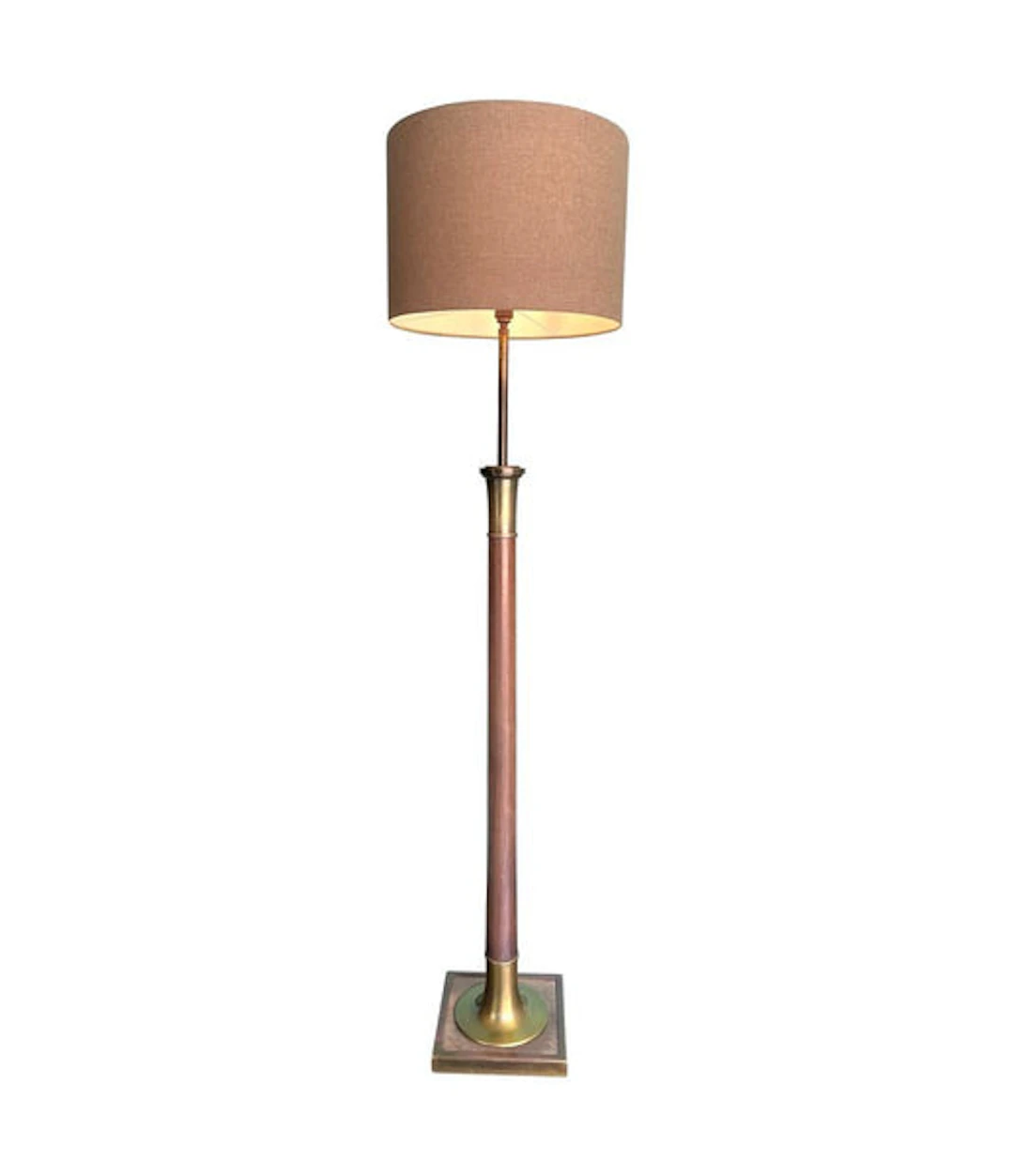 A large 1950s Spanish wooden and brass floor lamp with bespoke natural