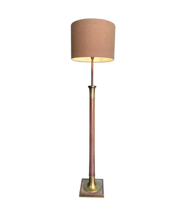 A large 1950s Spanish wooden and brass floor lamp with bespoke natural