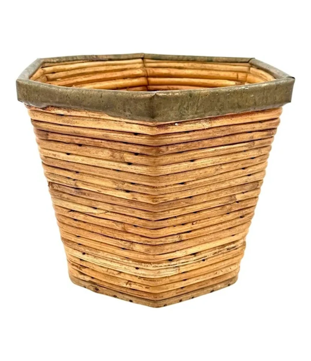 An Italian 1970s woven pencil reed hexagonal bamboo planter with brass top