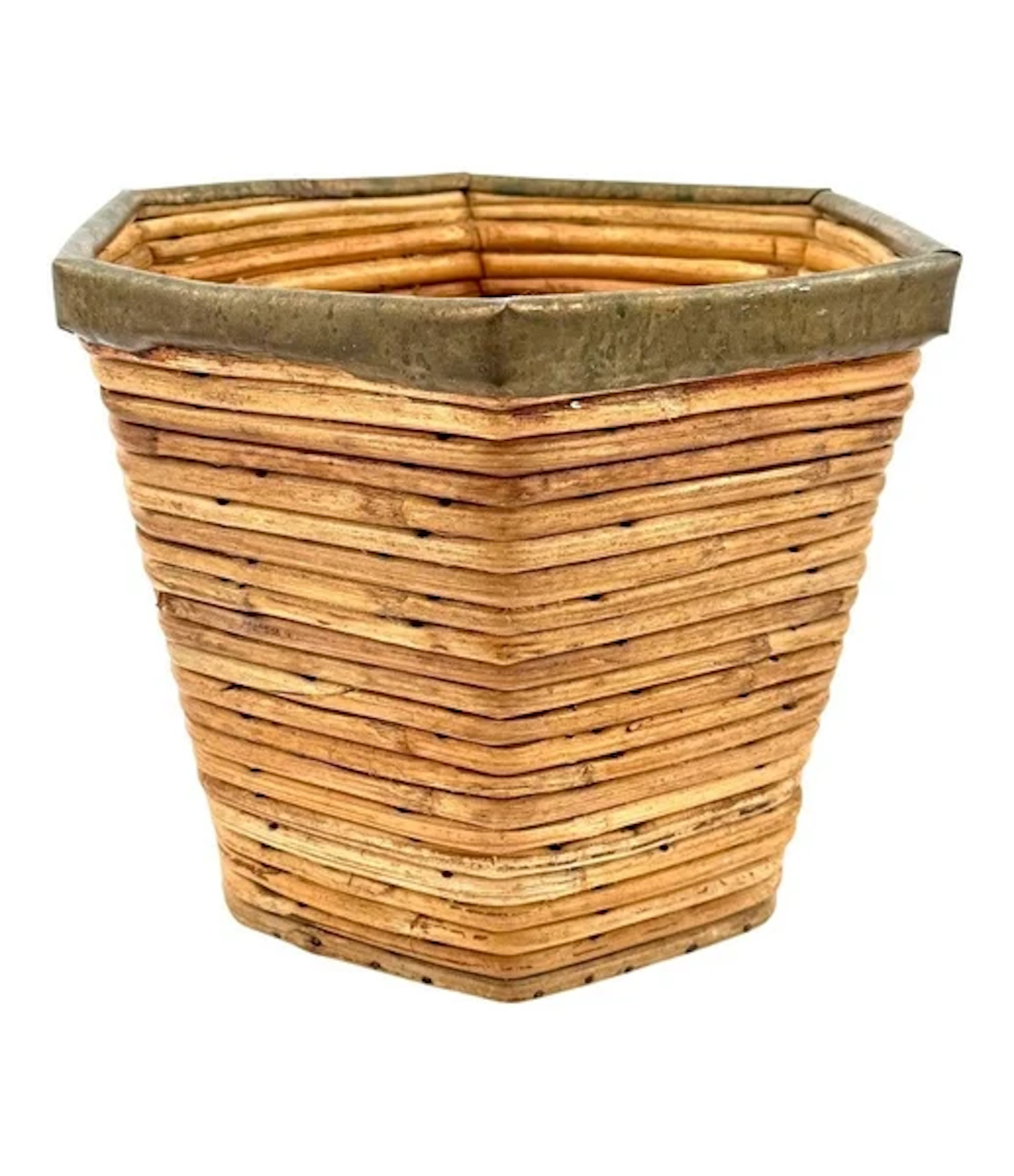An Italian 1970s woven pencil reed hexagonal bamboo planter with brass top