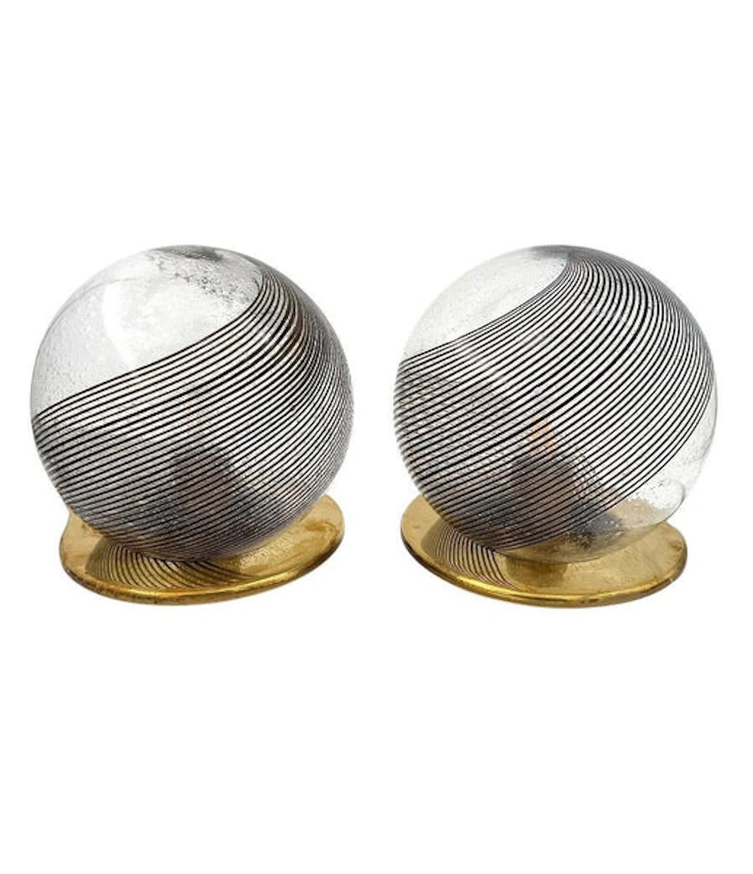A pair of Italian 1970s smoked Murano glass swirl ball lamps with brass bases