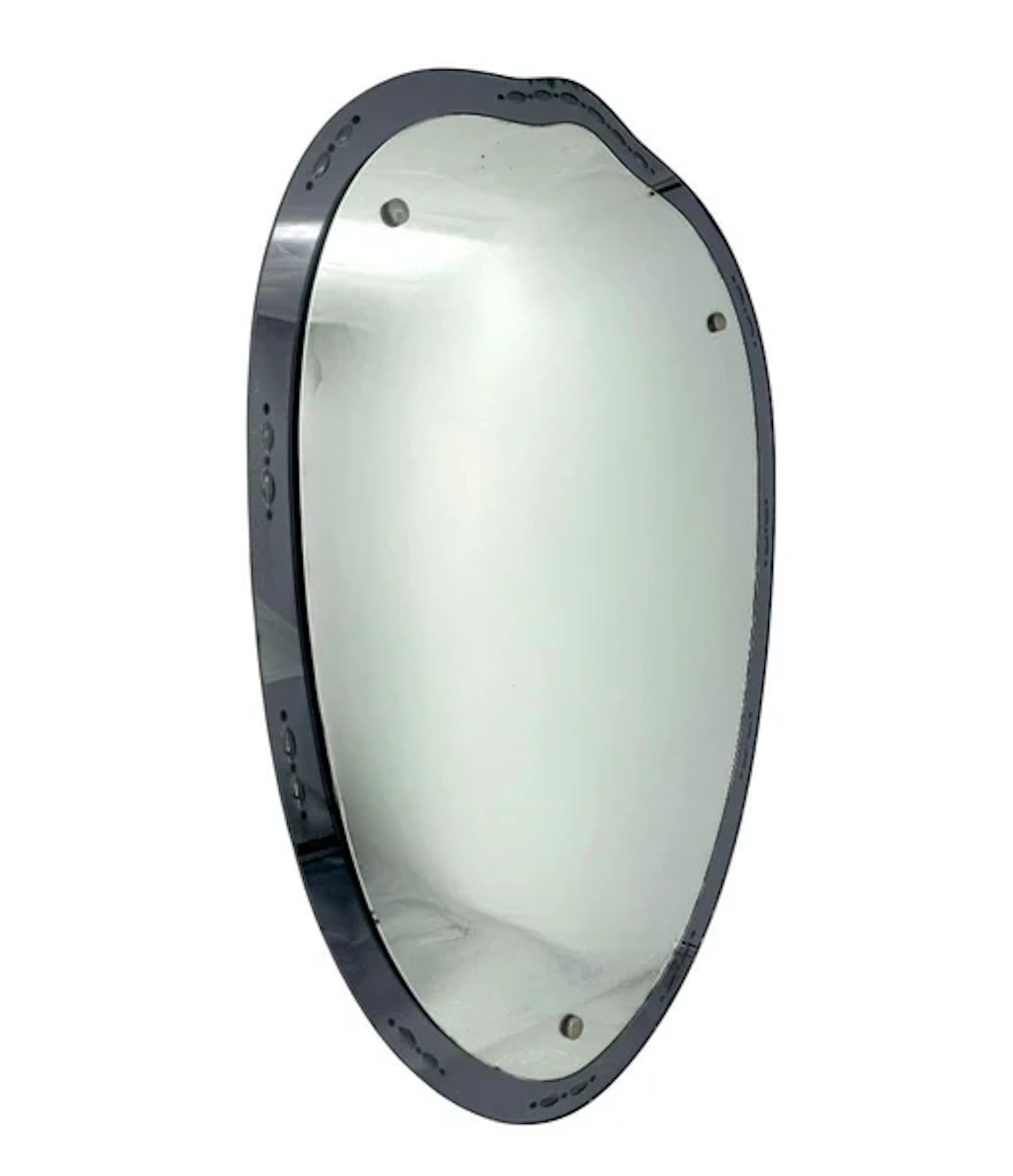 A 1950s Italian shield shaped mirror with black mirrored, etched frame