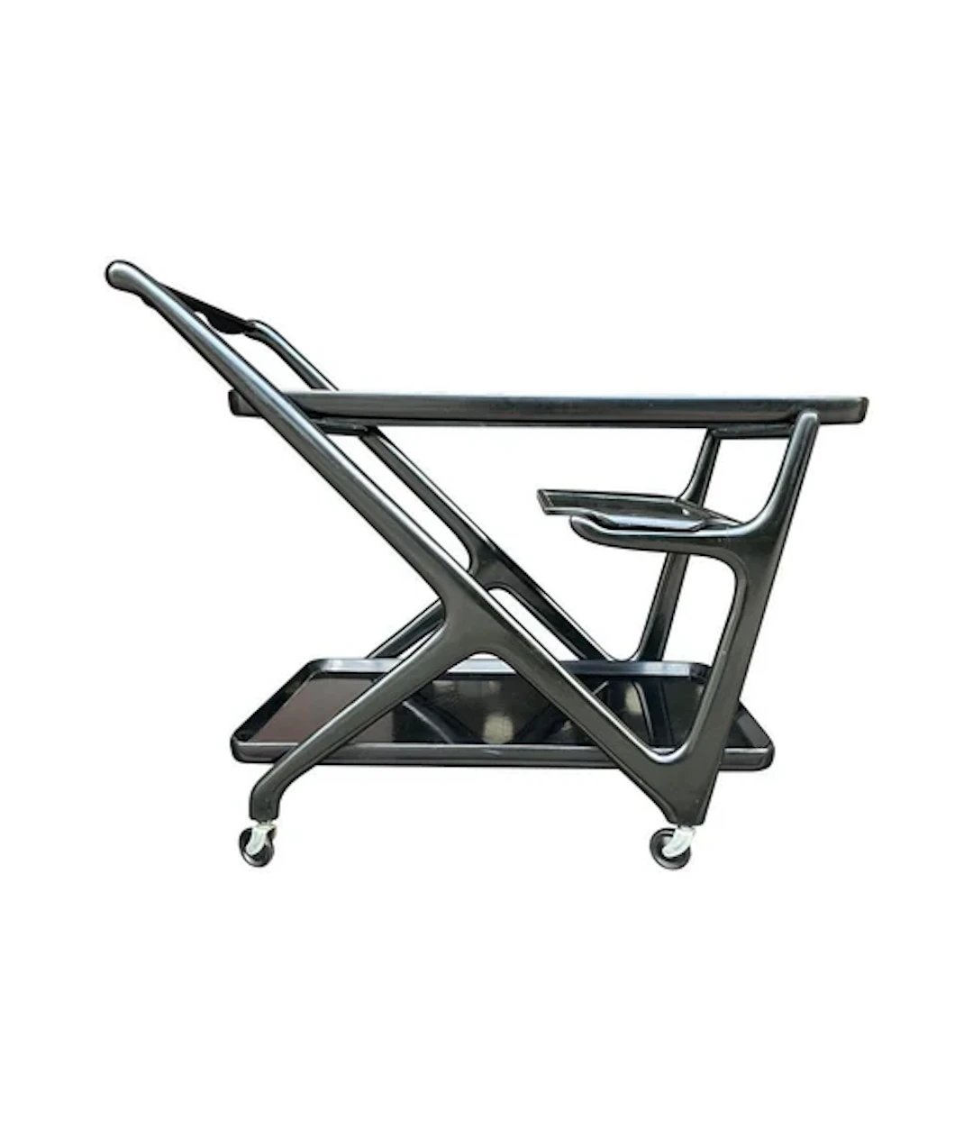 A 1950s black lacquer bar trolley by Ico Parisi with two removable