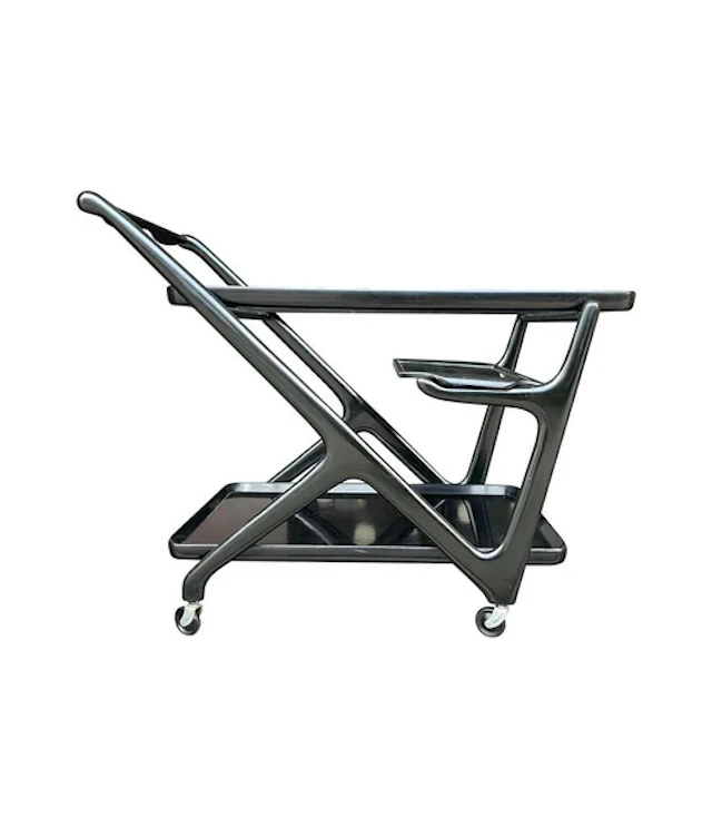 A 1950s black lacquer bar trolley by Ico Parisi with two removable