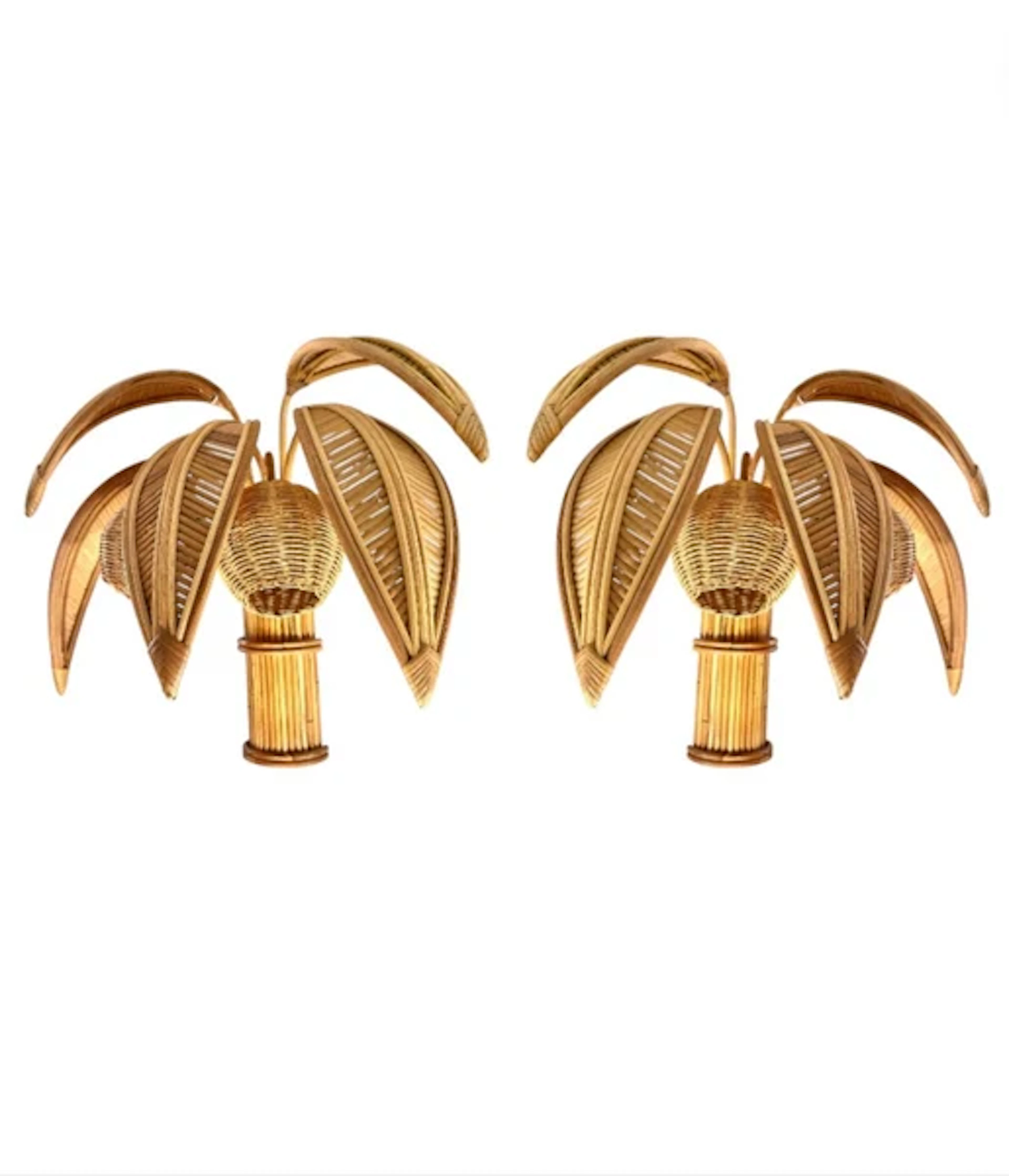 A pair of bamboo and rattan palm tree wall lights with two coconut lights