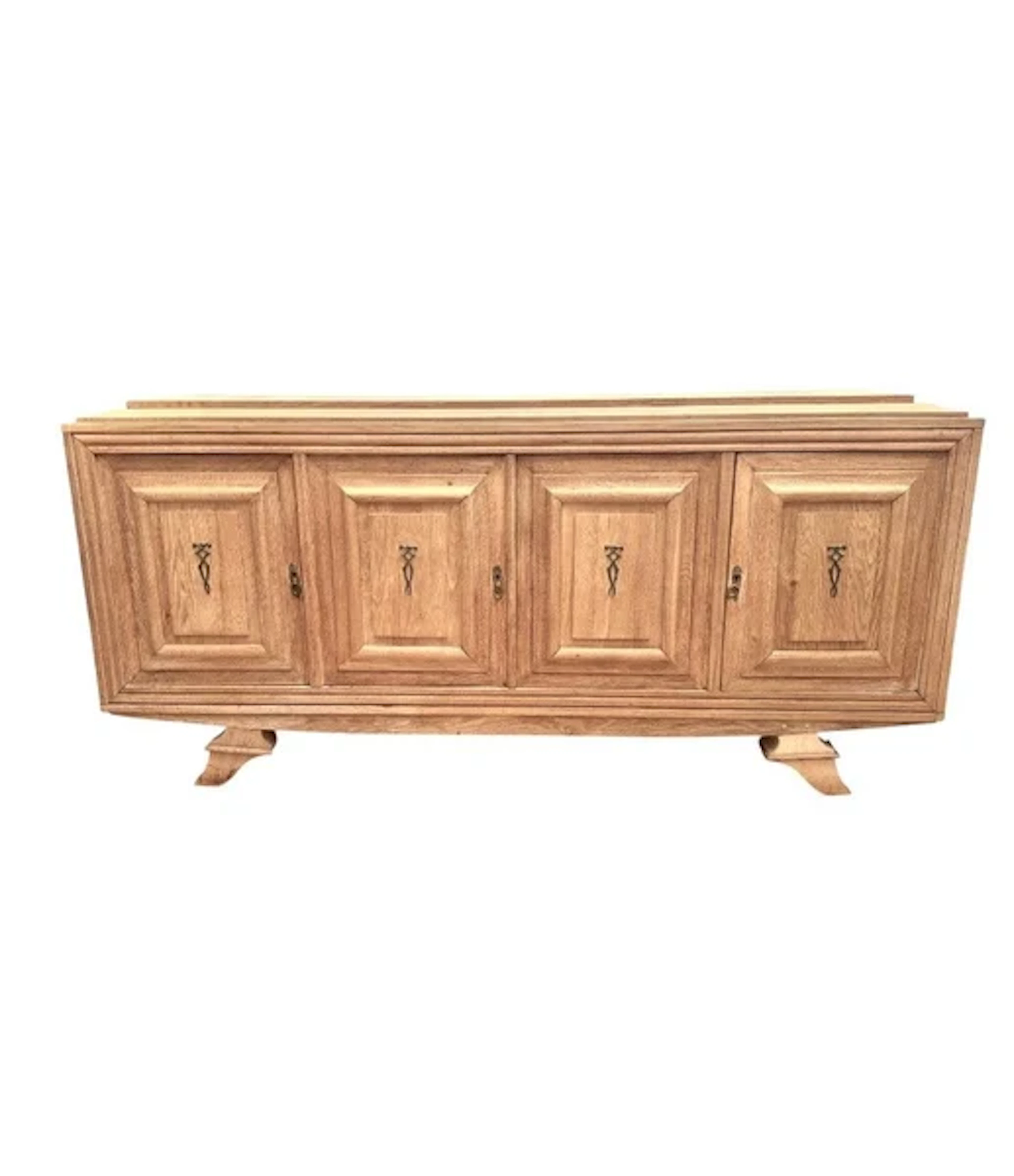 A French 1940s Gaston Poisson style, bleached solid oak, four door sideboard