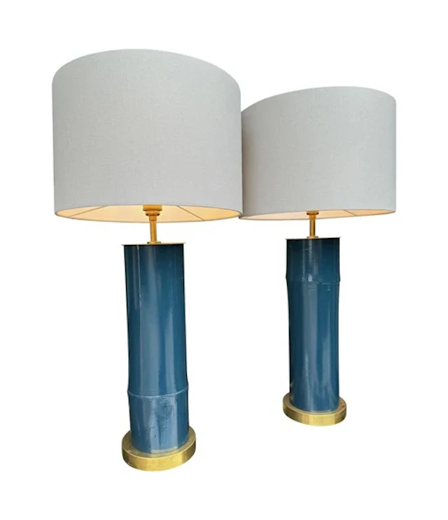 A pair of petrol blue lacquered bamboo and brass lamps