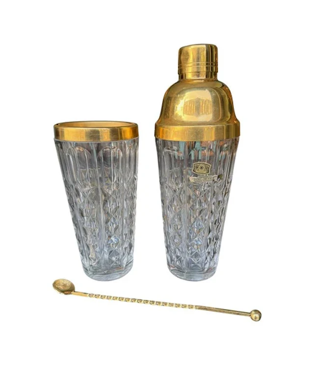 A 1960s Val Saint Lambert crystal and gold plated Cocktail shaker set with jug