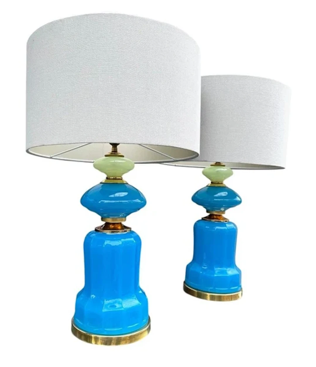 A pair of blue Murano glass opaline lamps by Cenedese with brass base