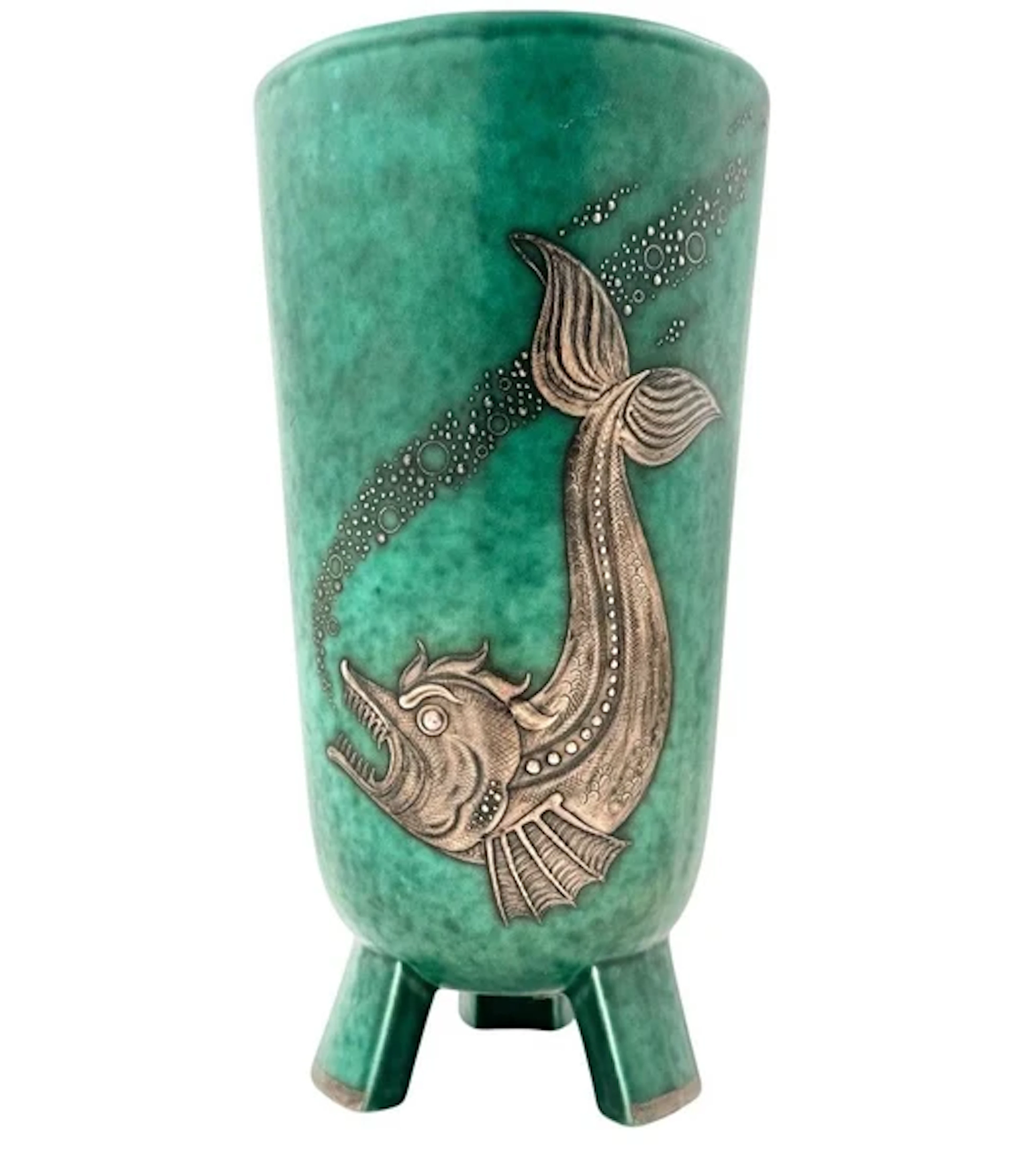 An Art Deco 1930s three legged "Argenta" stoneware vase by Wilhelm
