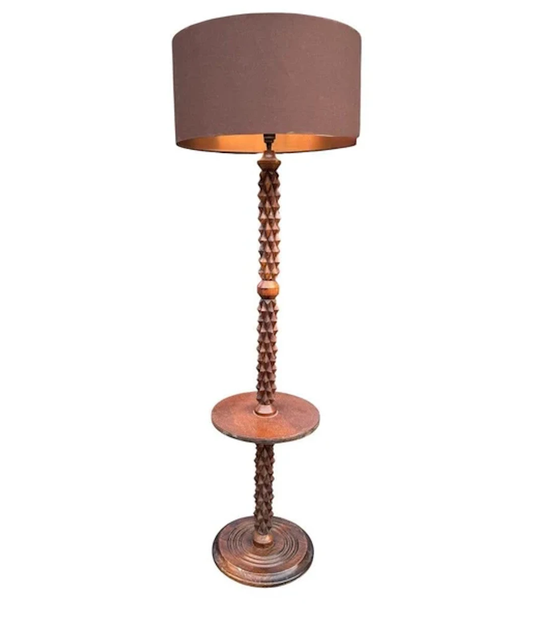 An unusual French 1940s brutalist oak floor lamp with side table attributed