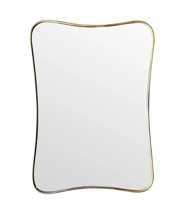 An original Italian 1950s brass framed mirror with shaped curved corners.