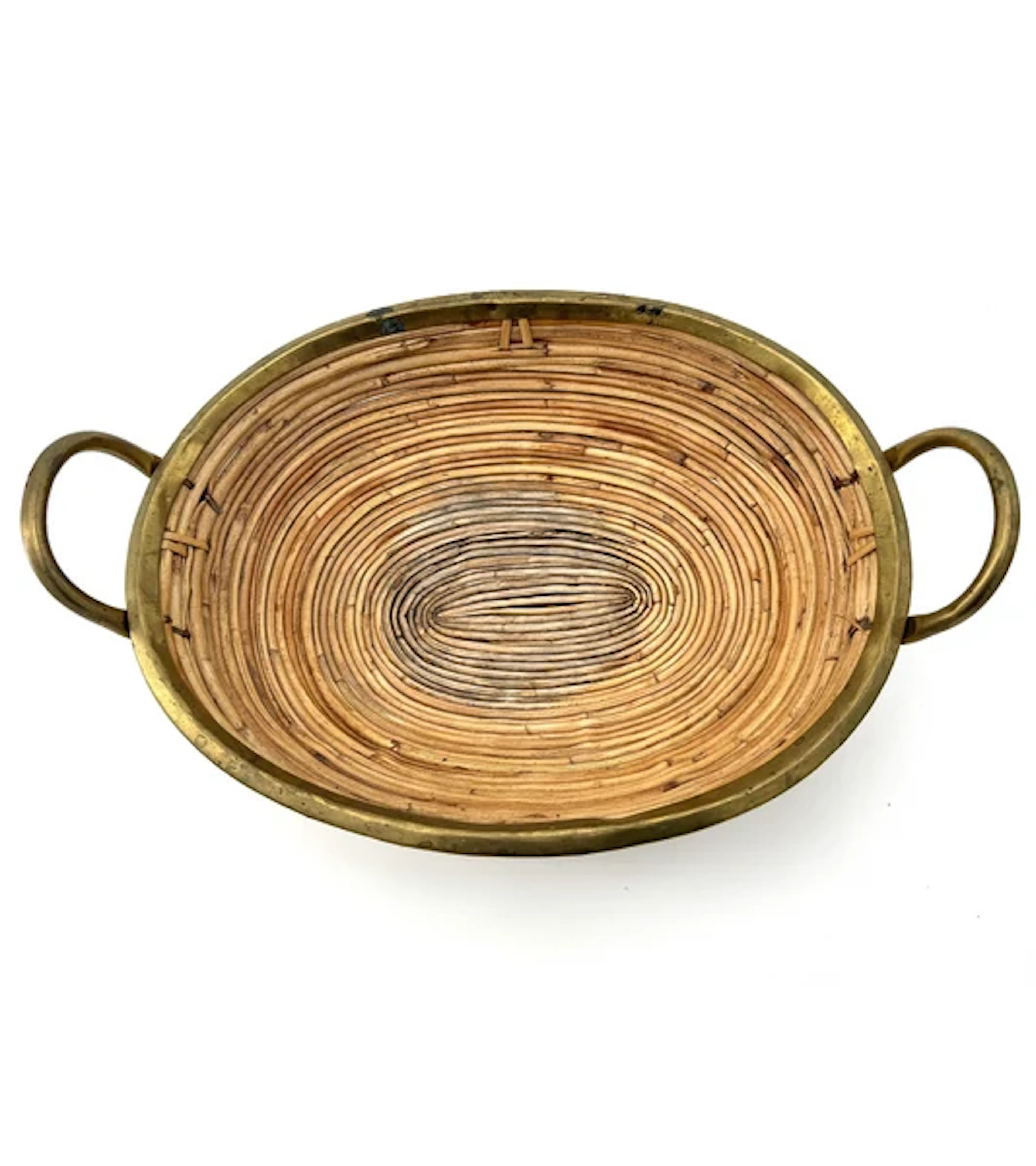 An Italian 1970s Gabriella Crespi style woven bamboo and brass two