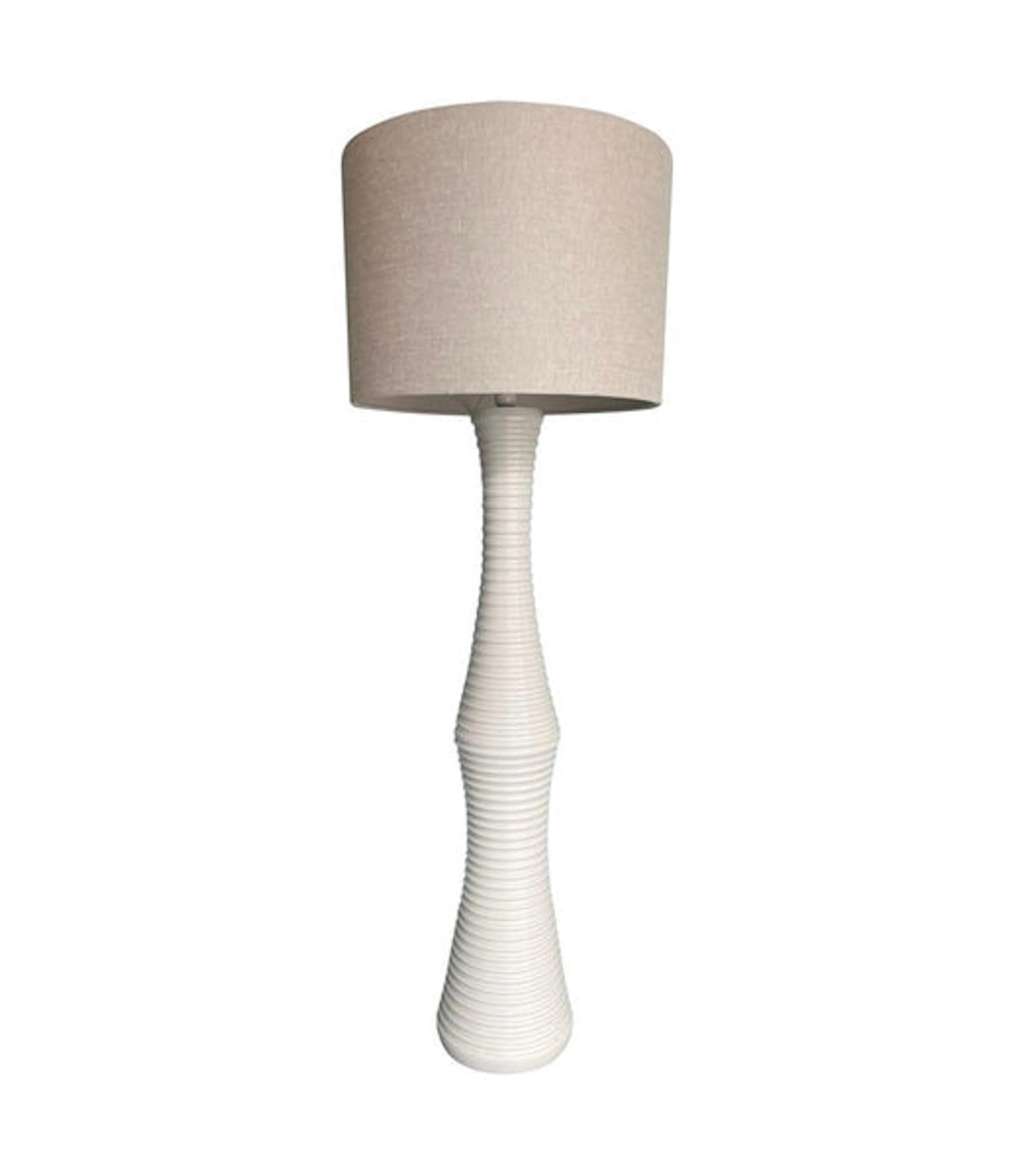 A large 1970s Italian white ribbed ceramic floor lamp with natural linen shade