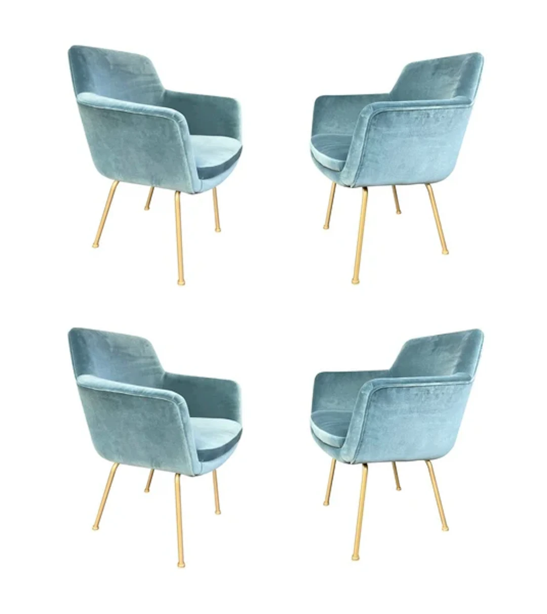 A set of four Italian 1970s chairs with gilt metal legs in blue velvet fabric