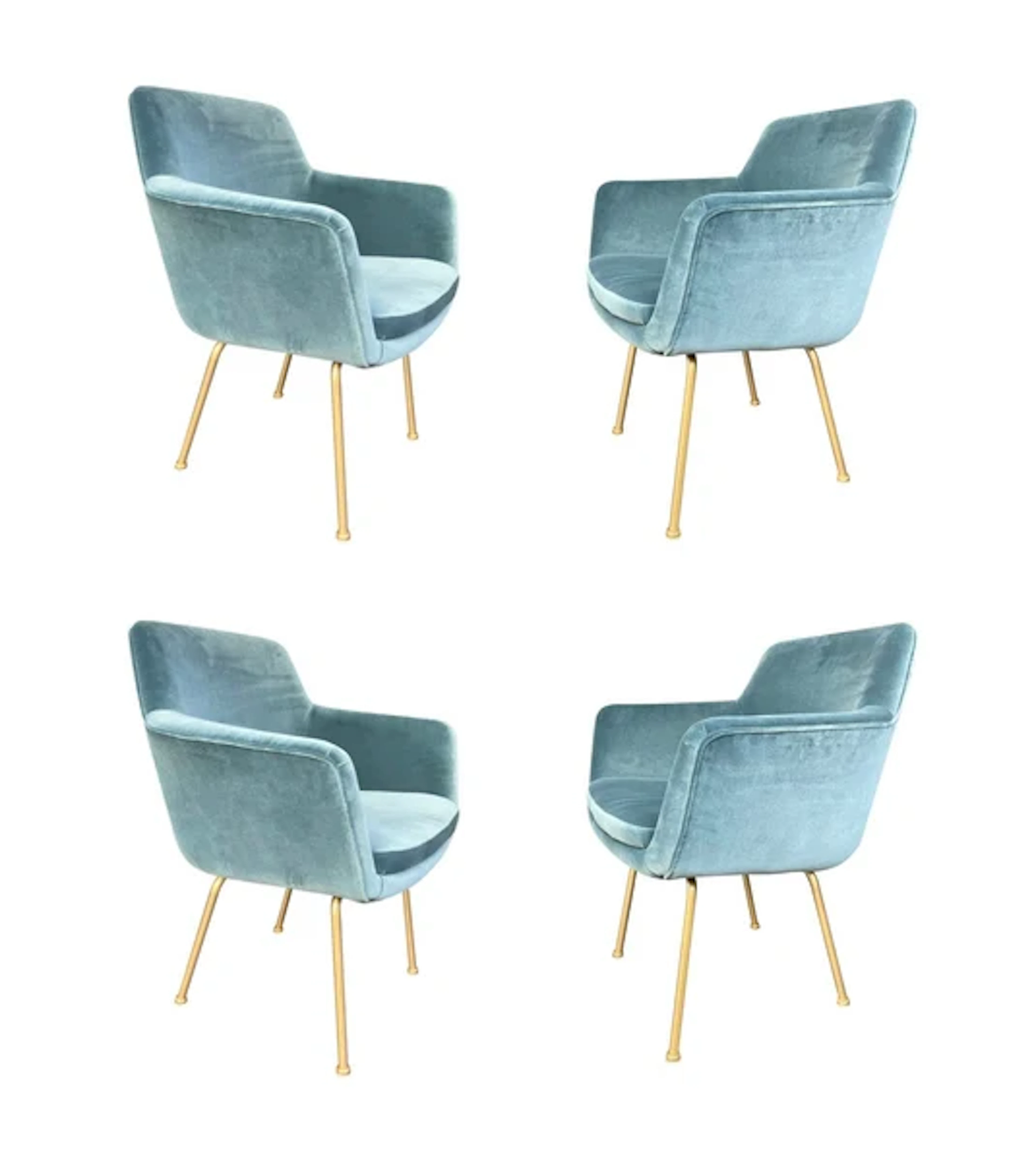 A set of four Italian 1970s chairs with gilt metal legs in blue velvet fabric