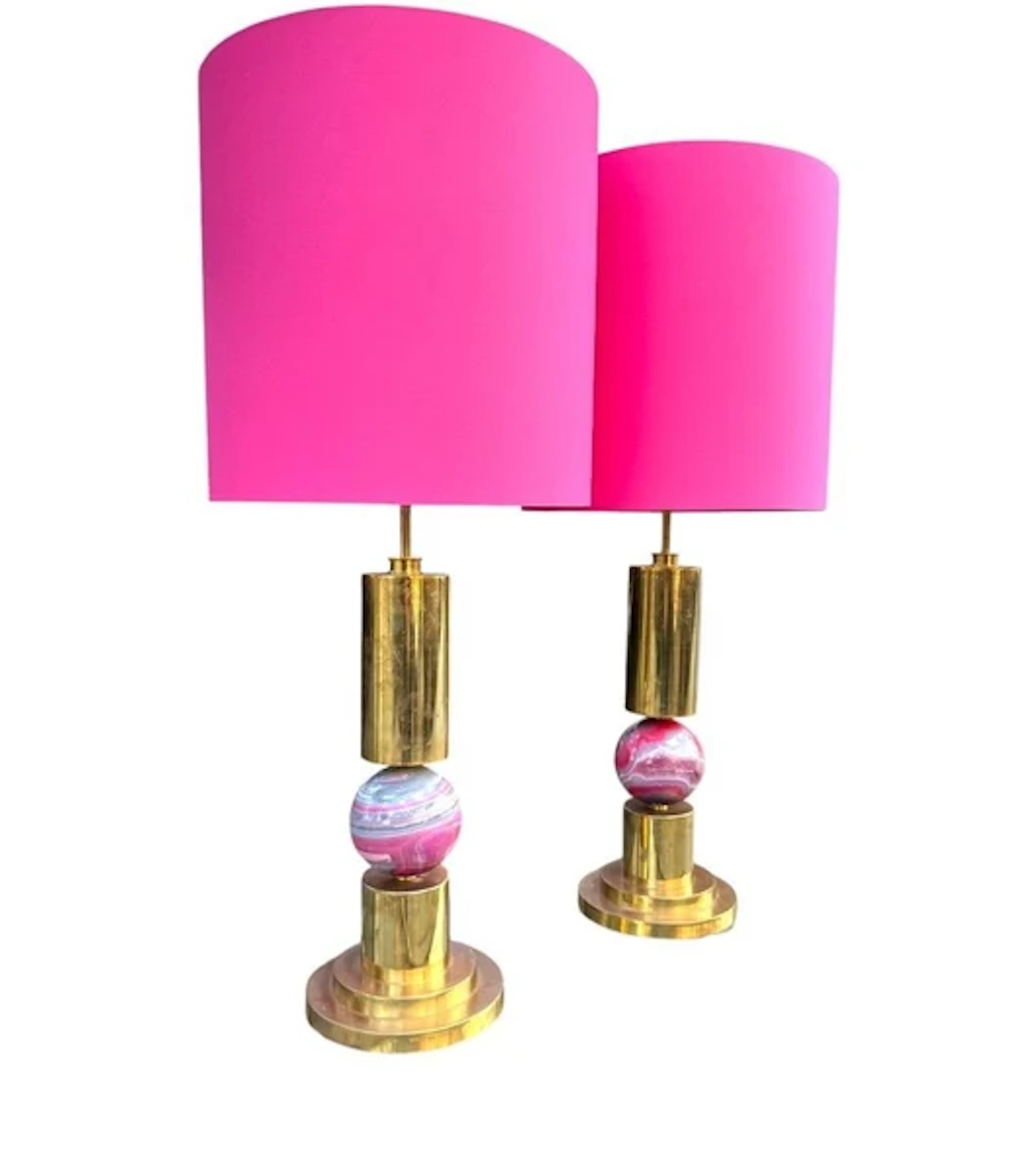 A pair of large Italian 1970s brass and pink agate lamps