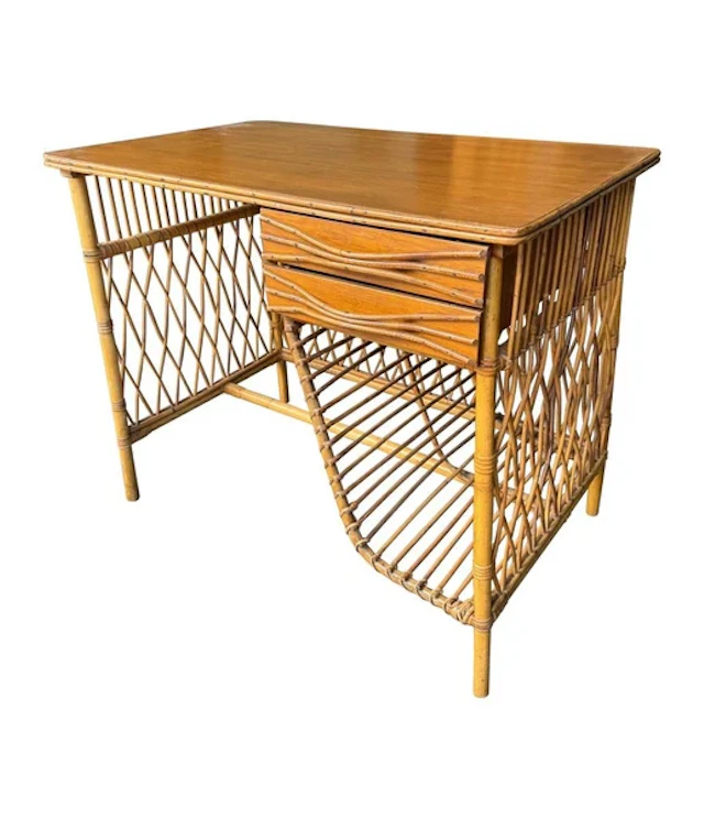 A lovely 1970s Italian woven bamboo, two drawer desk by Bonacina with