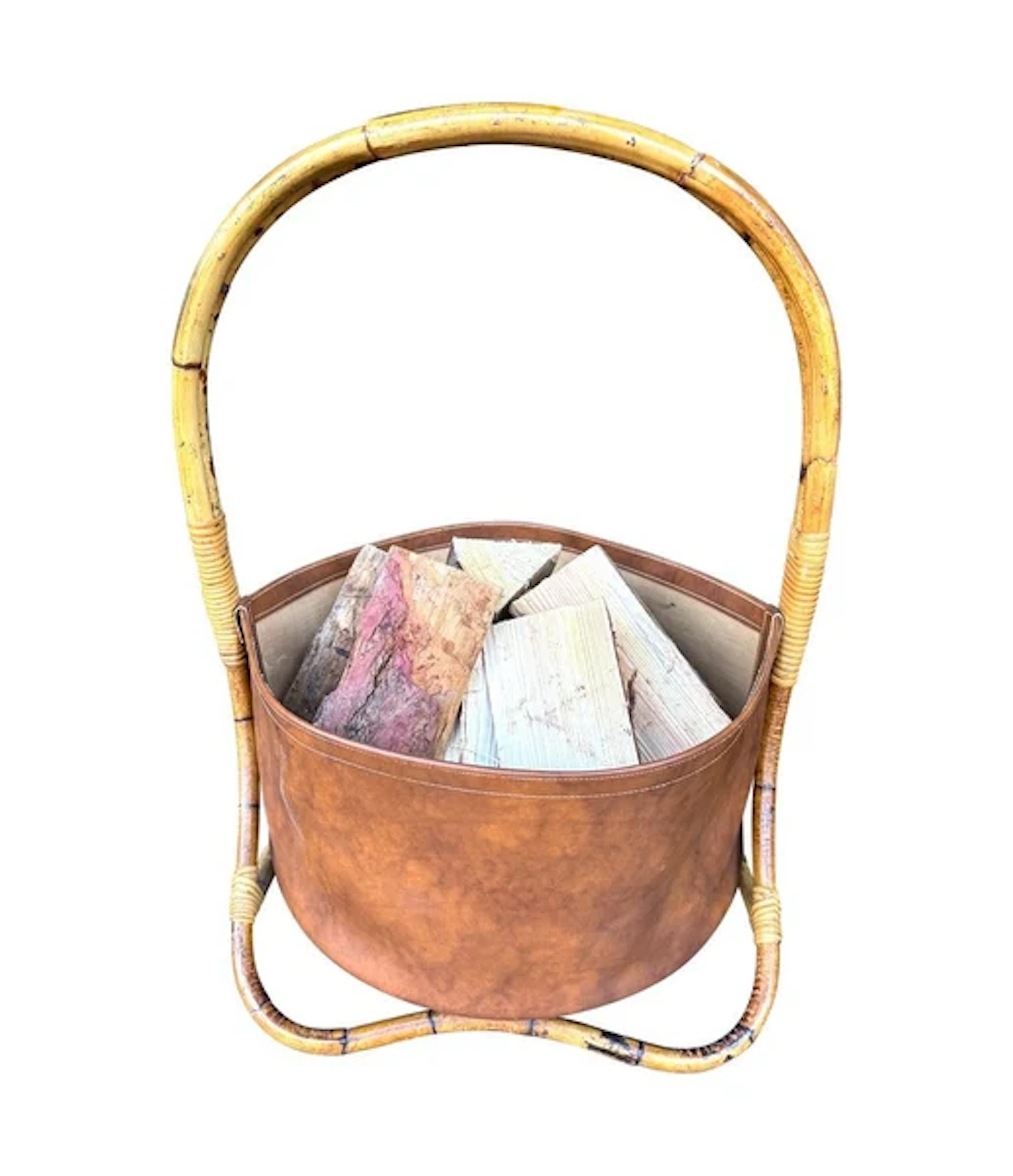 Large Italian 1960s bamboo and rattan basket with stitched faux leather bowl