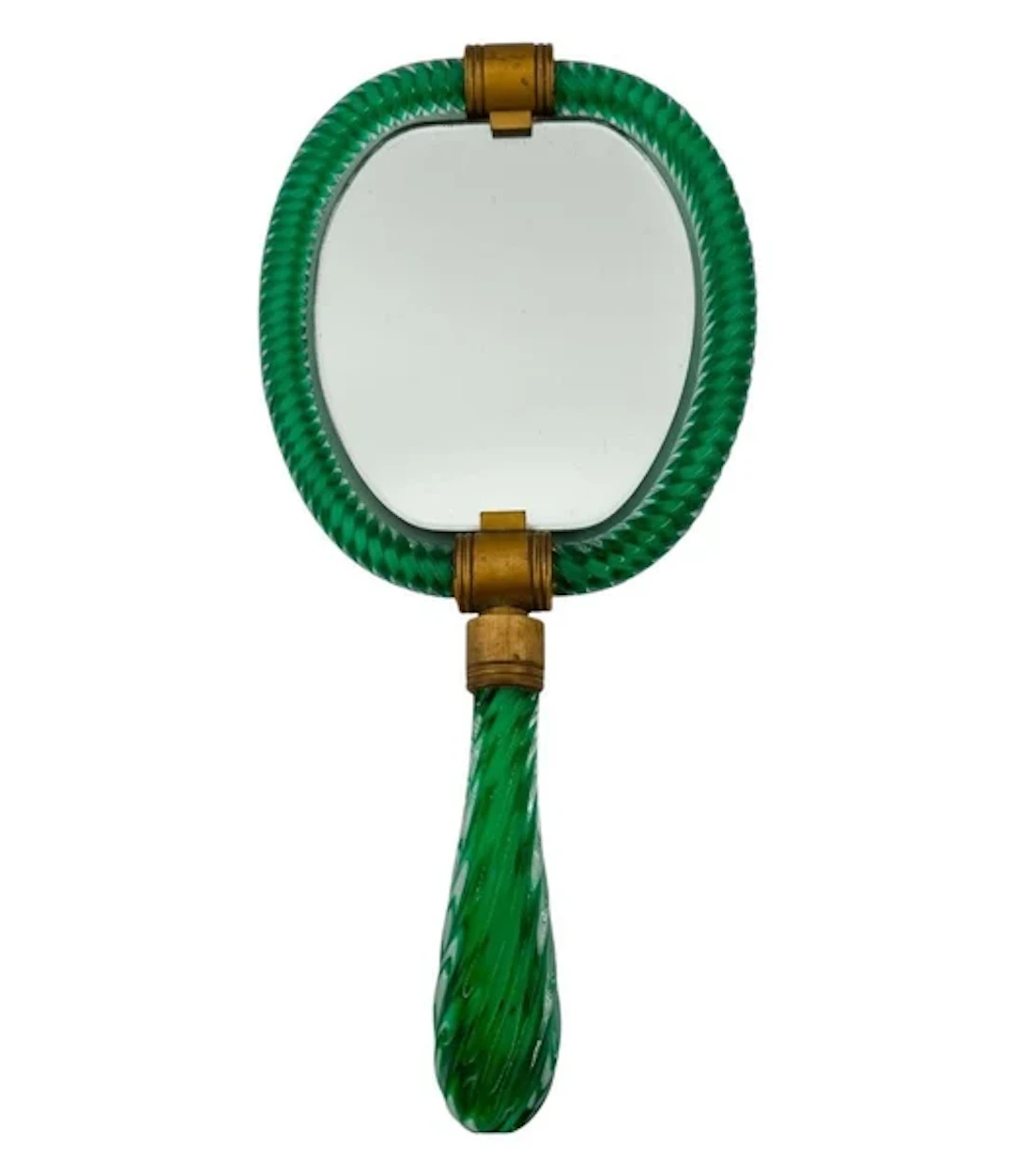 A 1940s Art Deco Italian green "Torchon" Murano glass hand mirror