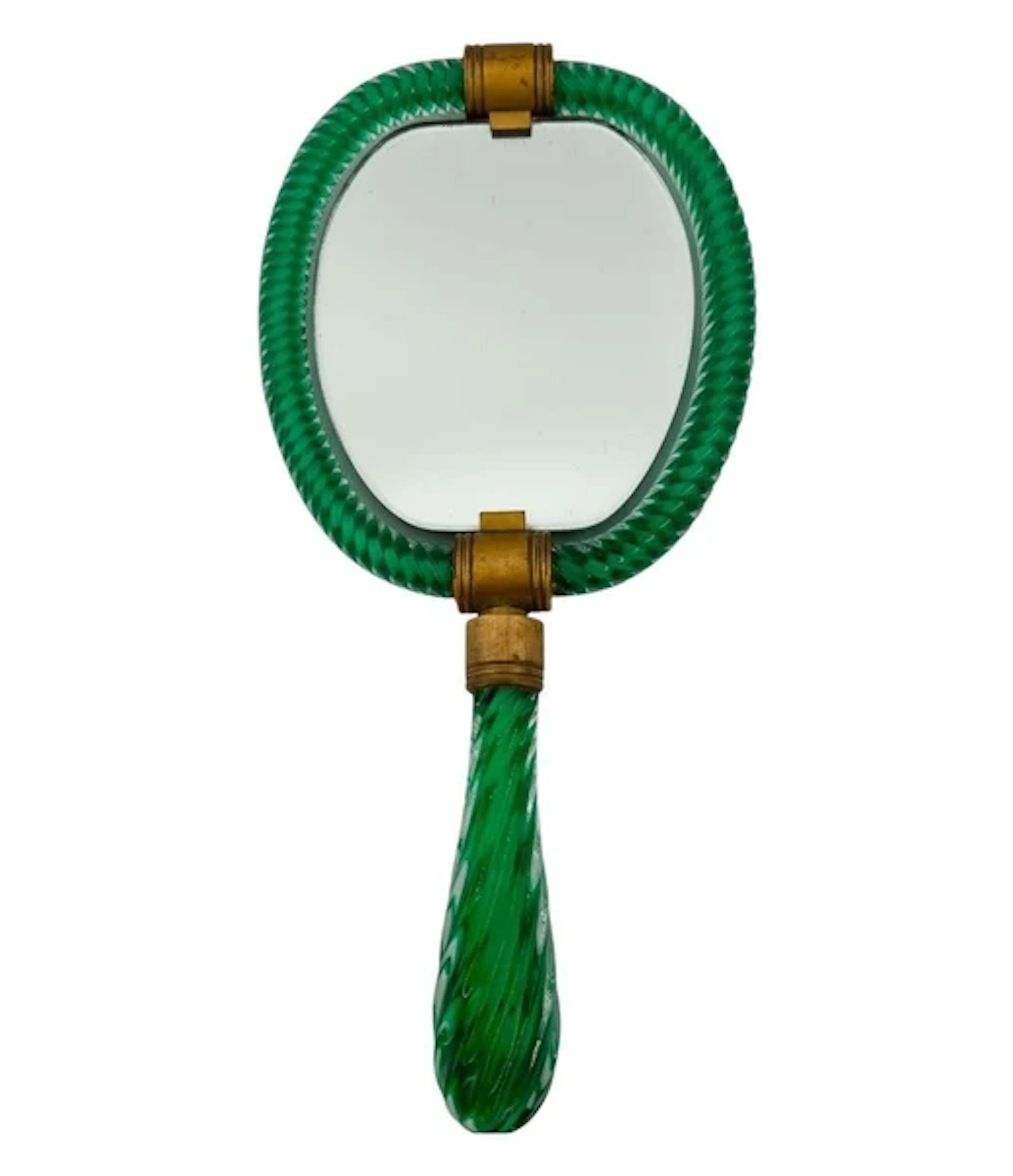A 1940s Art Deco Italian green "Torchon" Murano glass hand mirror