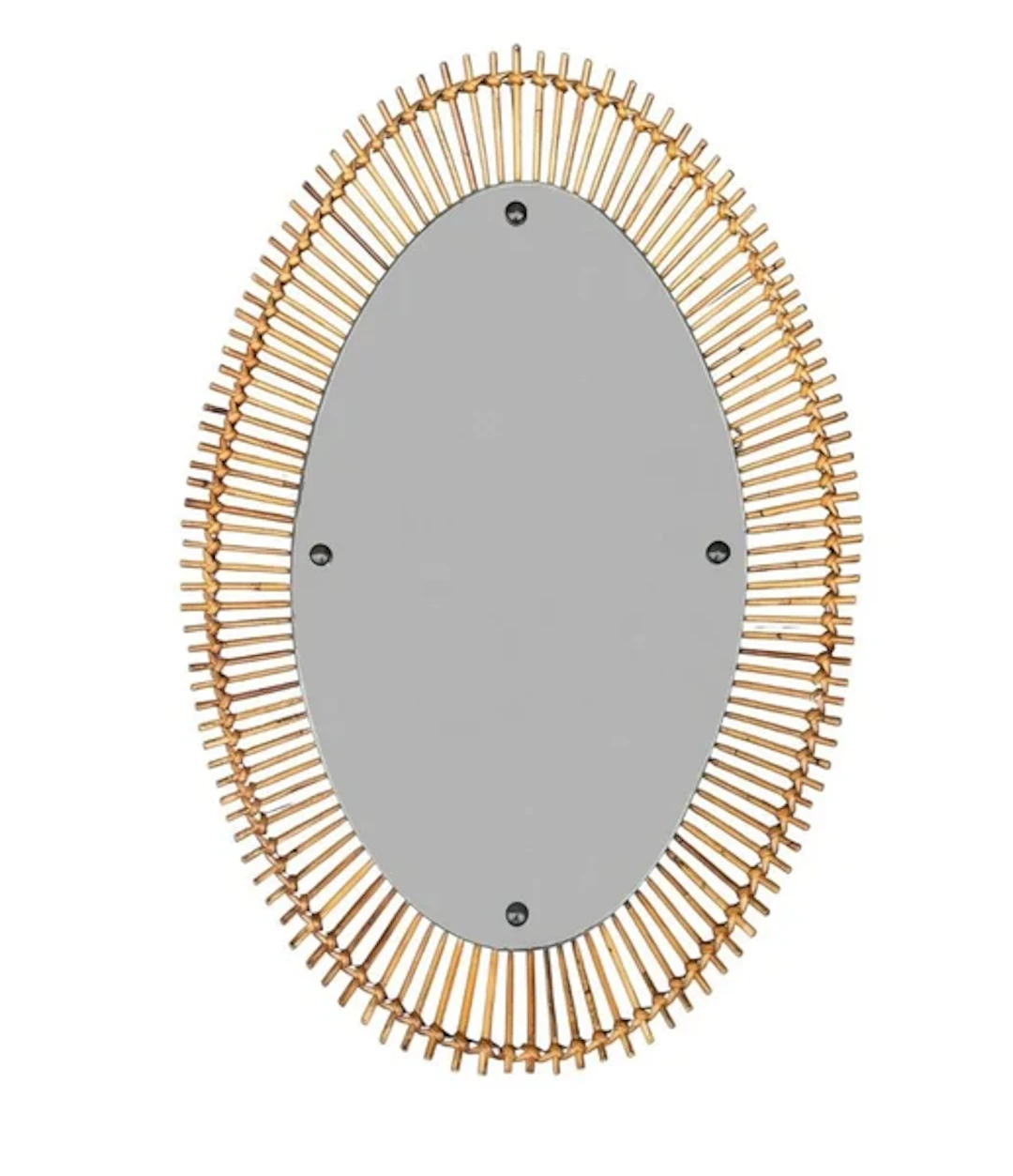 A large 1960s Bonacina Italian oval pencil reed bamboo mirror with brass detail