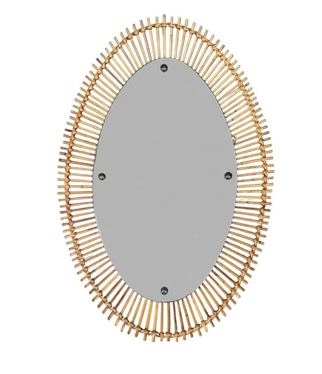 A large 1960s Bonacina Italian oval pencil reed bamboo mirror with brass detail