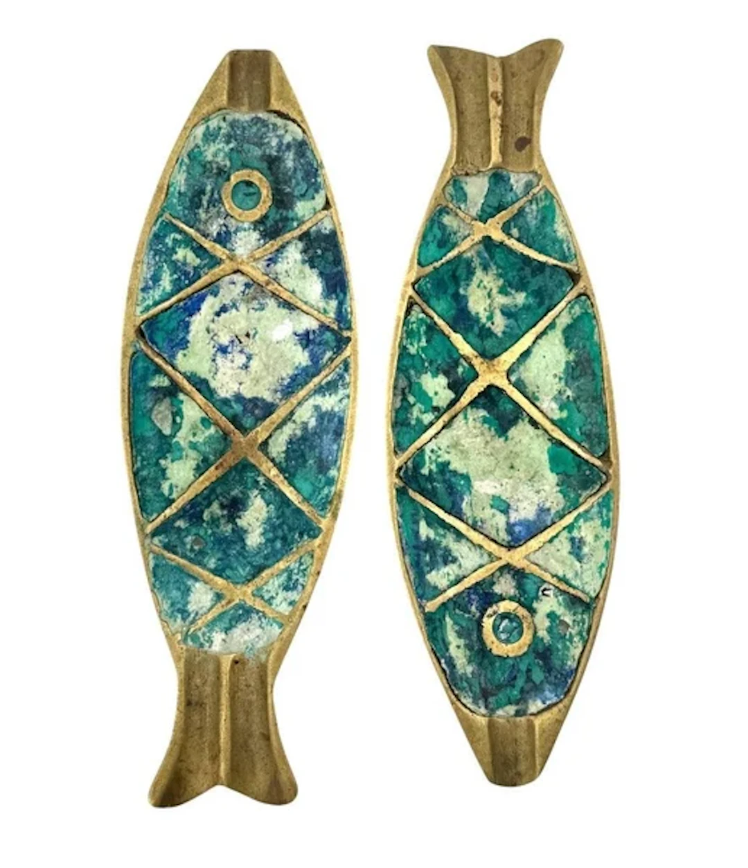 A pair of 1950s malachite and brass fish ashtrays by Pepe Mendoza