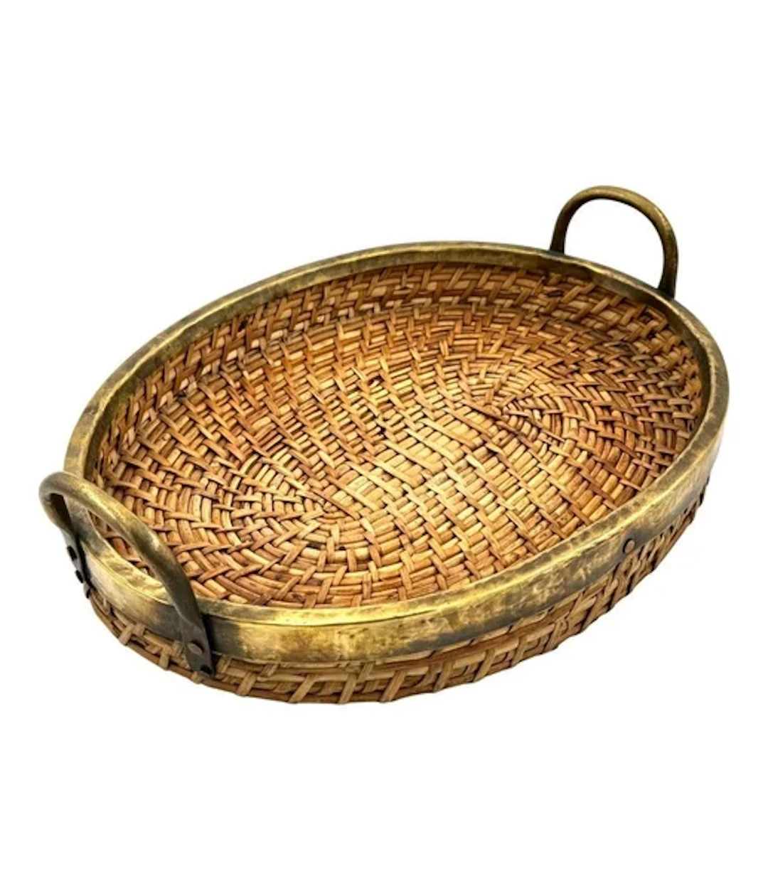 An Italian 1970s woven pencil reed bamboo and brass basket with two