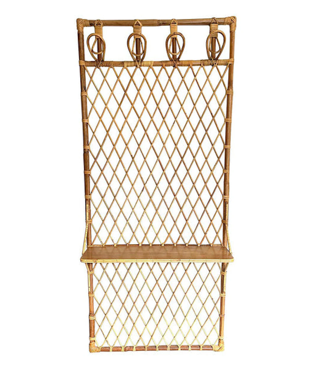 1970s French riviera rattan and bamboo coat rack with wooden shelf