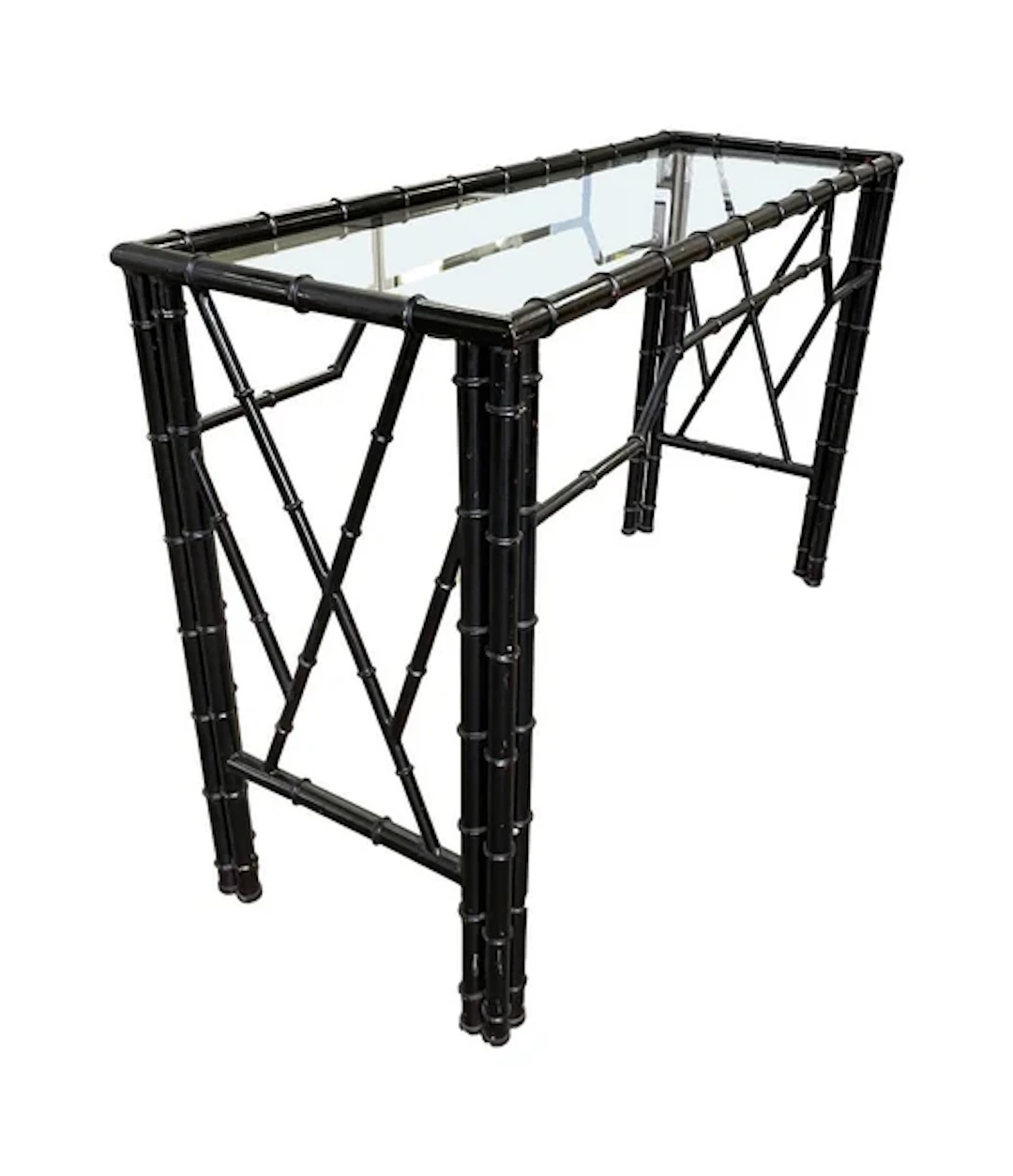 A 1960s faux bamboo black lacquered console table with glass shelf