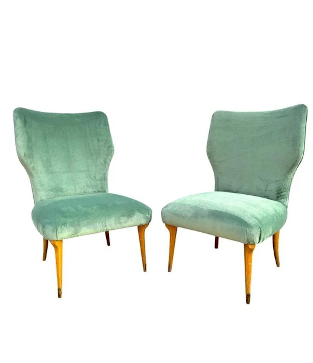 A pair of Art Deco Italian cocktail chairs with maple wood legs with brass tips