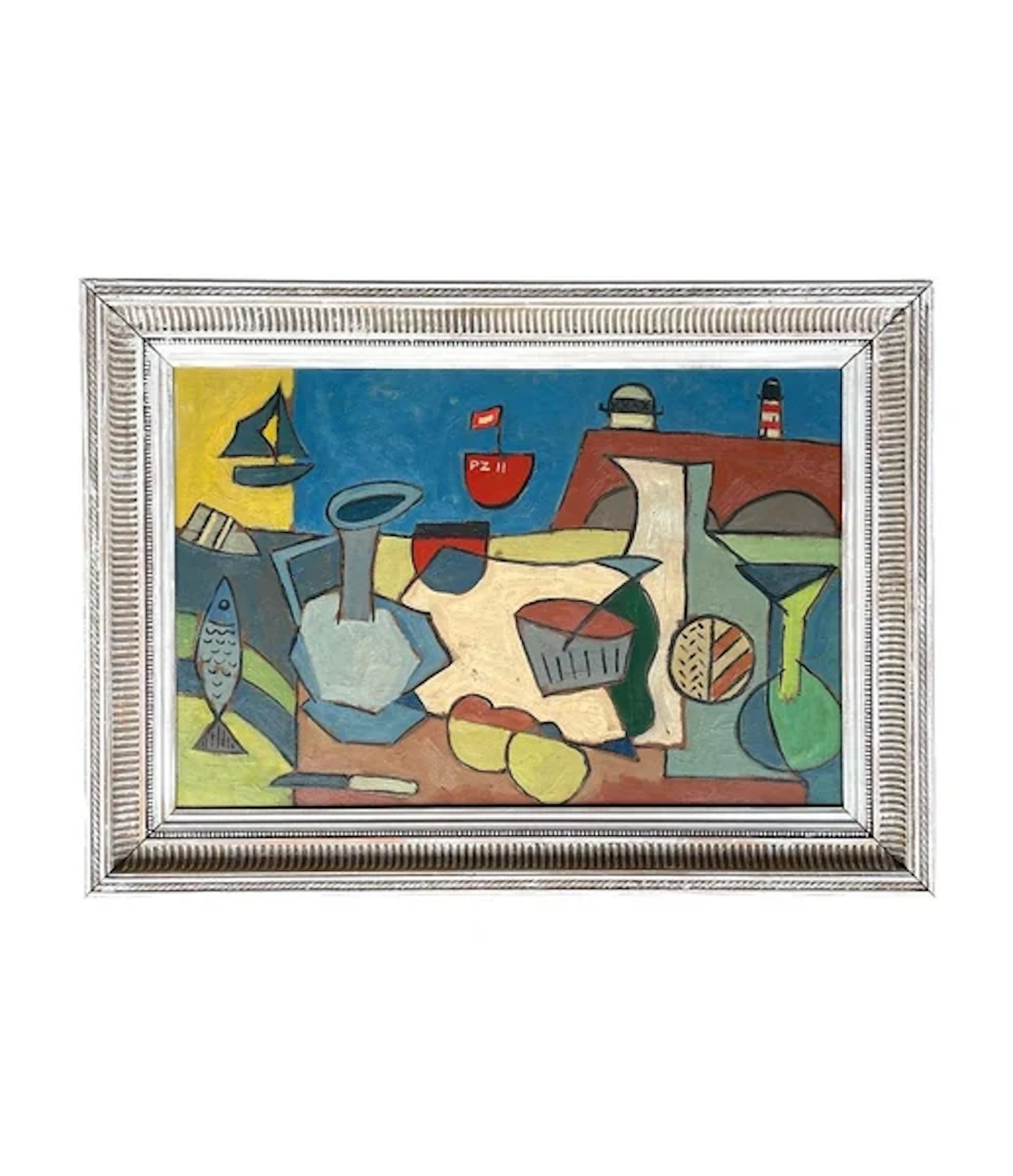 A mid century abstract still life, set against a harbour backdrop.