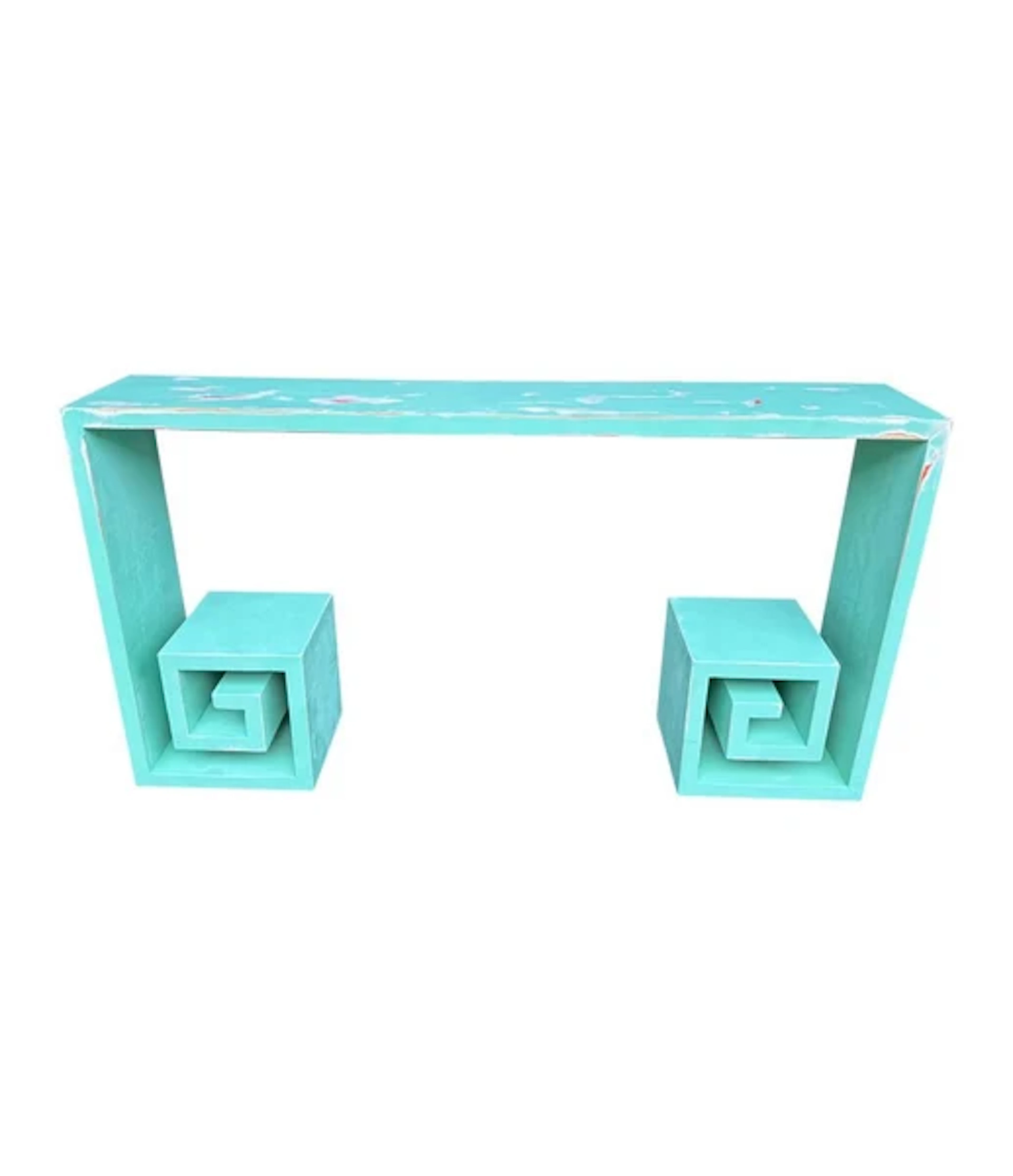A 1970s console table with greek key design, in distressed beach finish